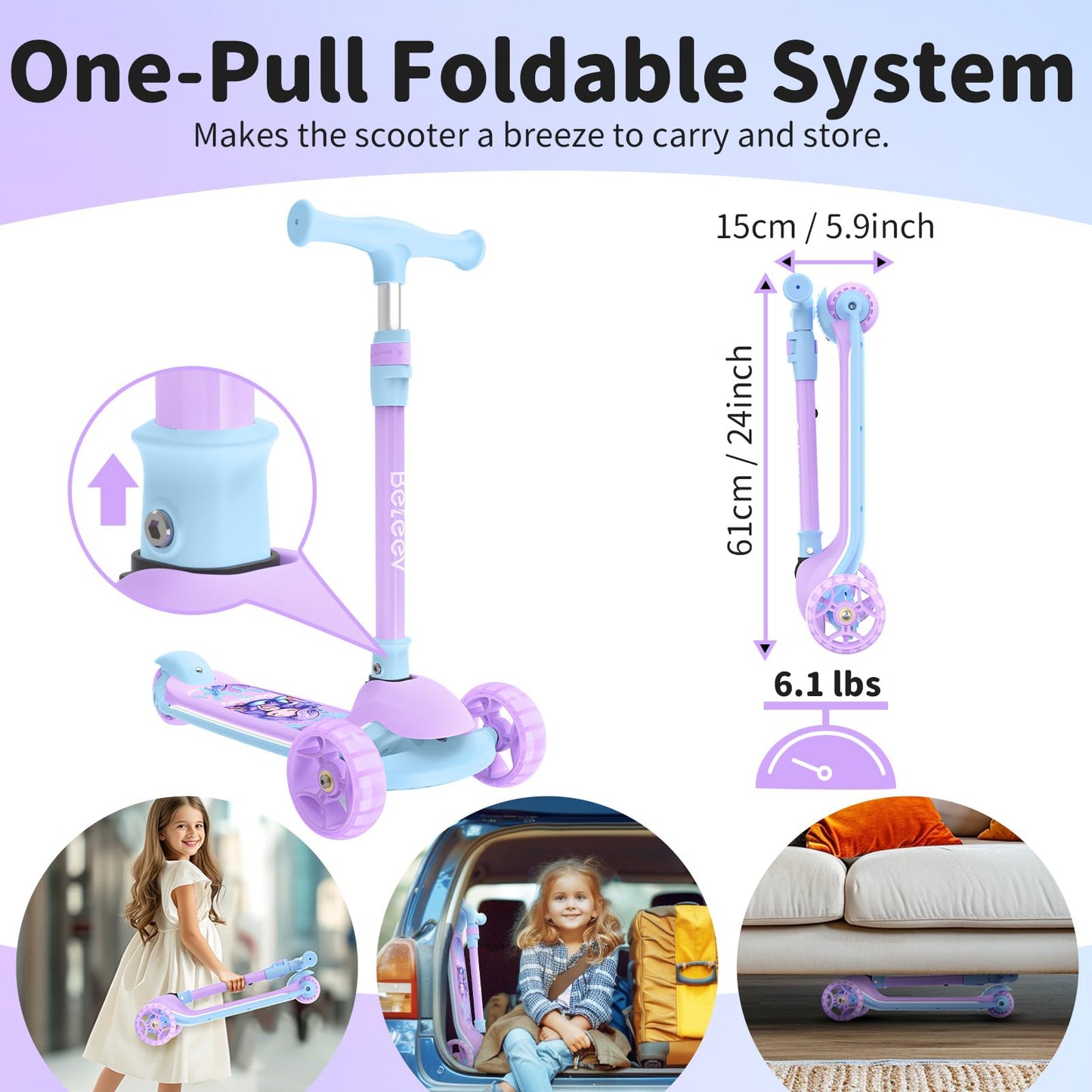 BELEEV A9 Scooter for Kids with Light-Up Deck & Wheels, 3 Wheel Folding Scooter for Toddlers Girls Boys Ages 3-12, 4 Adjustable Height, Extra Wide Deck, Lightweight Kick Scooter for Children