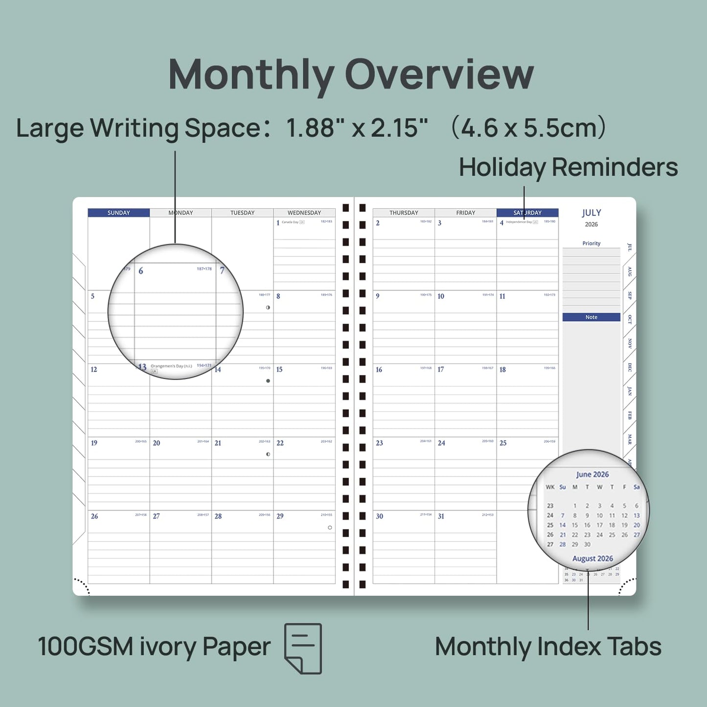 POPRUN 2026-2027 Planner Weekly and Monthly, Large Size 8.25" x 11.75", July 2026 to June 2027, Spiral Bound Calendar with Hourly Time Slots, Vertical Layout, Leather Soft Cover, Notes Pages - Midnight Green