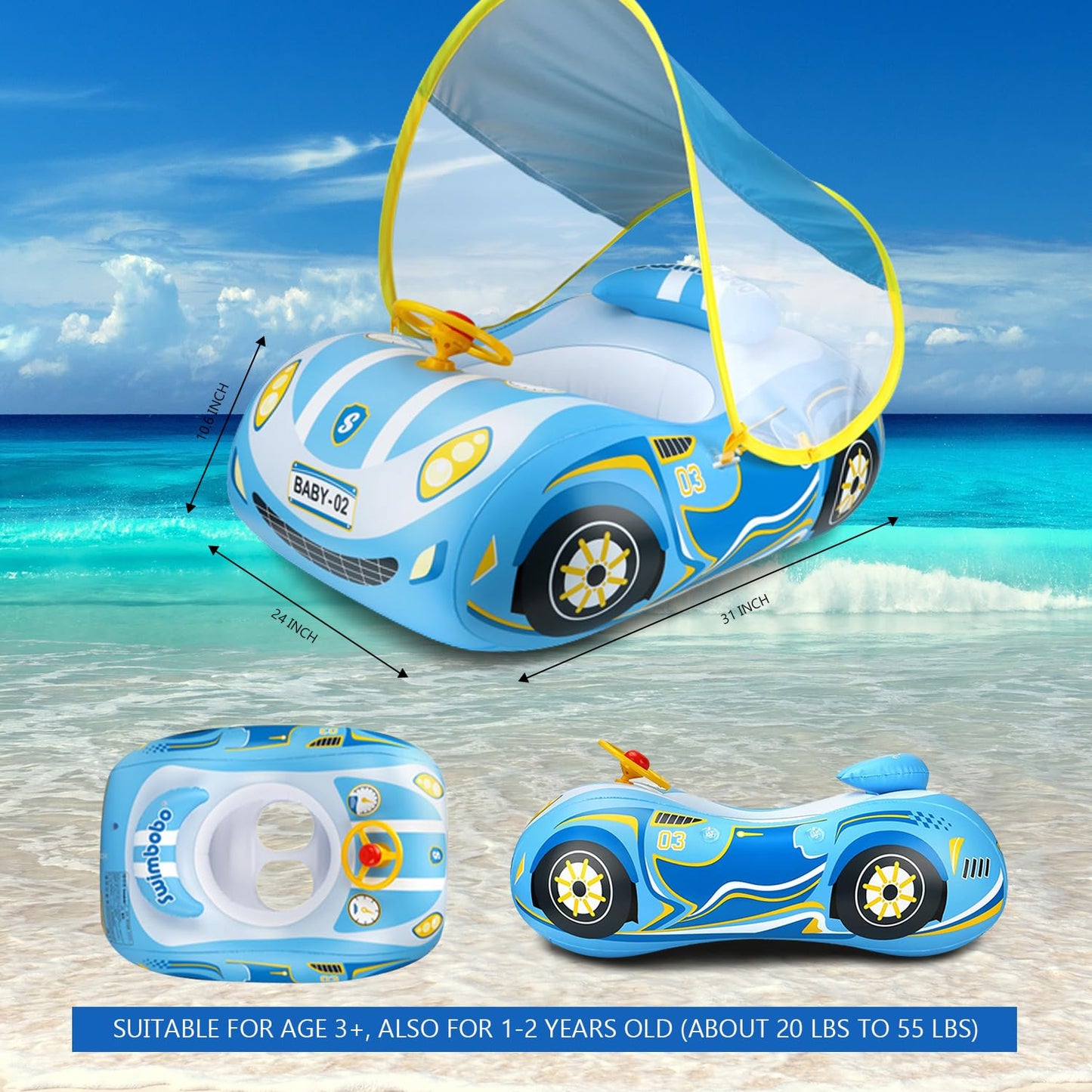 Baby Pool Float with Canopy, PVC Baby Swim Float with Sun Shade Cover, 3D Car Toddler Pool Float Swimming Floats Seat Boat for 12-18, 12-24 Months, Age 2-3, 1-4 Years (Blue Canopy)