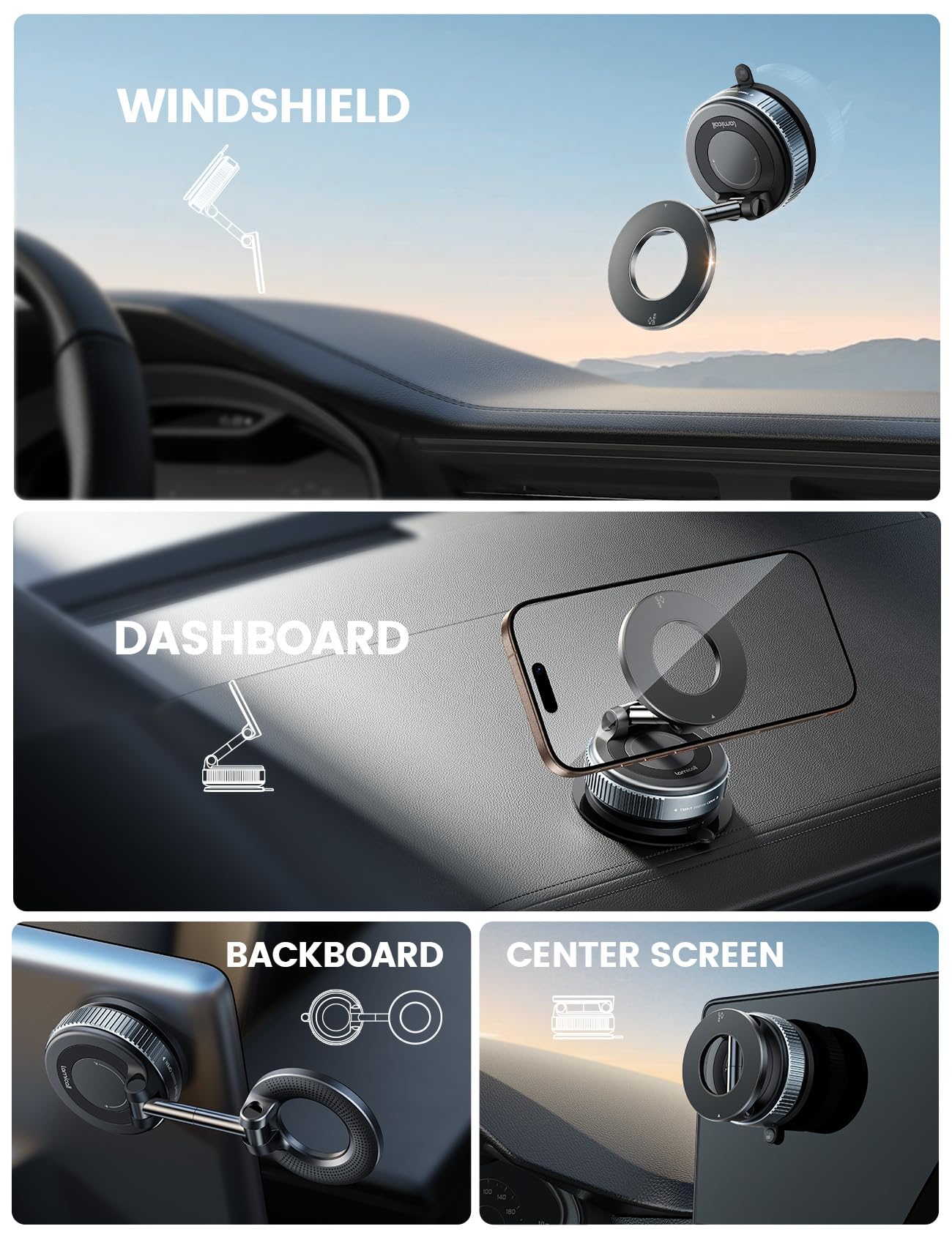 Lamicall for Magsafe Car Mount, [Bumpy Road Stable] Phone Mount for Car, 360° Adjustable Suction Cup Phone Mount Dashboard Windshield Vacuum Phone Holder in-Dash DVD & Video Receivers Gifts for Men