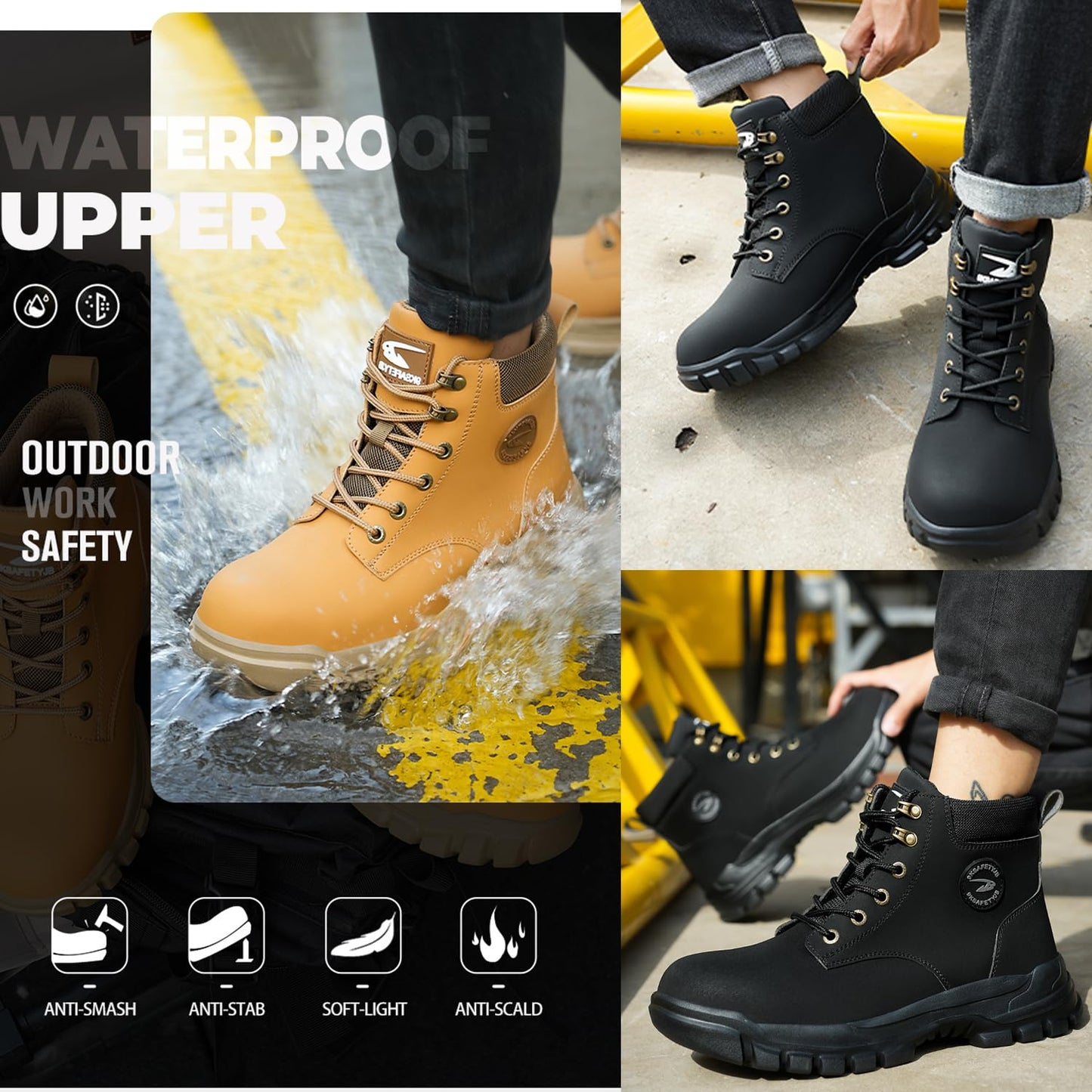 TimGross Waterproof Safety Shoes for Men Work Steel Toe Boots Non Slip Lightweight Comfortable Indestructible Construction Boots 679/Black/45
