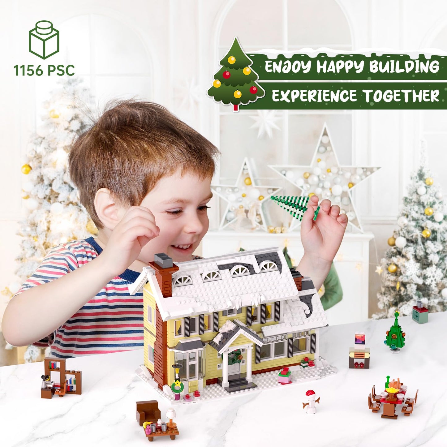 Christmas Holiday House Building Set,LED DIY Christmas Holiday Snow Village,Christmas House,Compatible with Lego,Gifts for Family and Friends(1156pcs)