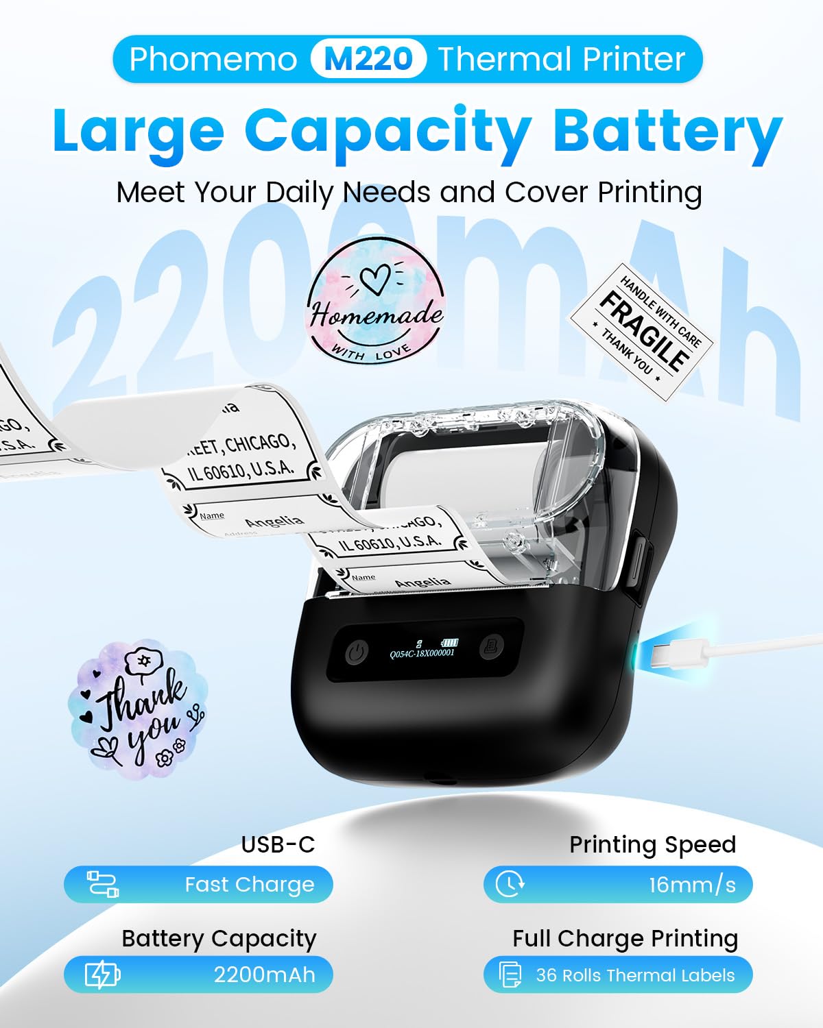 Phomemo M220 Label Maker for School, Bluetooth Label Printer for Small Business, Sticker Printer Compatible with Phone, Tablet & PC, with 3 Rolls & 1 Case