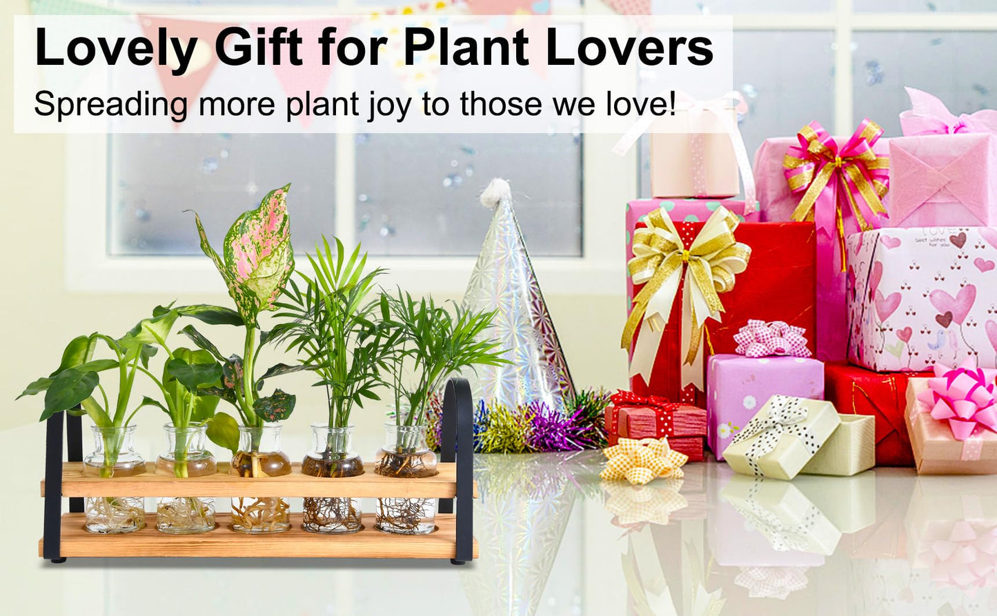 VIKEYHOME Plant Propagation Station with Wood Stand, Desktop Terrarium for Hydroponic, Flower Vase for Home, Kitchen, Office Decor, Plant Lover Gifts