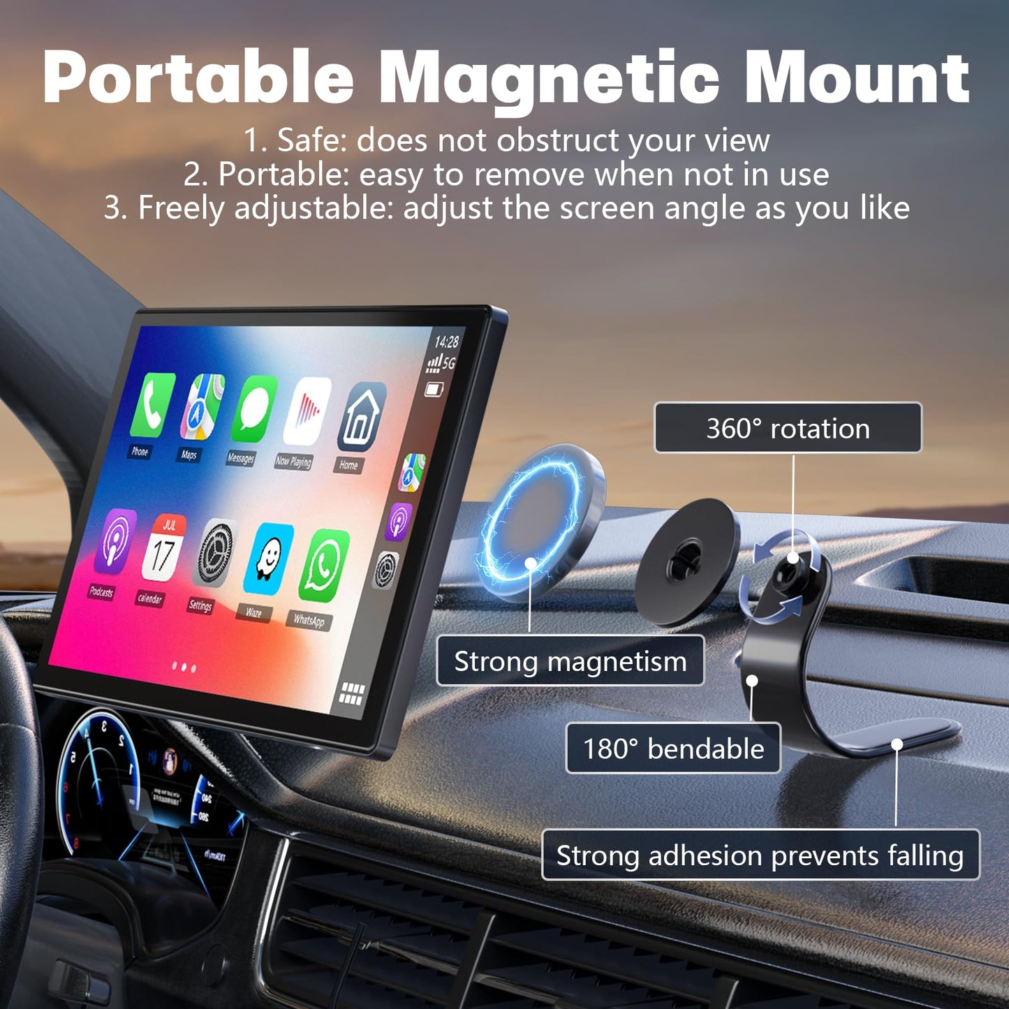 9'' Carplay Screen for Car, Wireless Carplay & Android Auto, Rotatable Car Play Screen with 1080P Backup Camera, Android Auto Screen with Mirror Link, Bluetooth, GPS Navigation, Voice Assistant