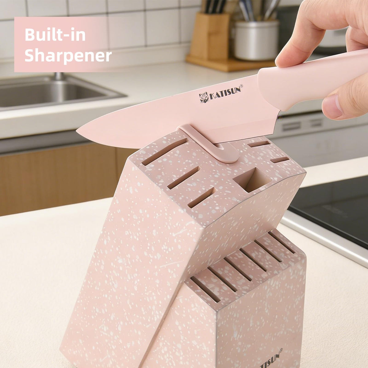 Knife Set, 15 Pieces Knives Sets for Kitchen with Block, Dishwasher Safe Kitchen Knife Set with Built in Sharpener Block, German High Carbon Stainless Steel Knife Block Set with Pink Nonstick Coating