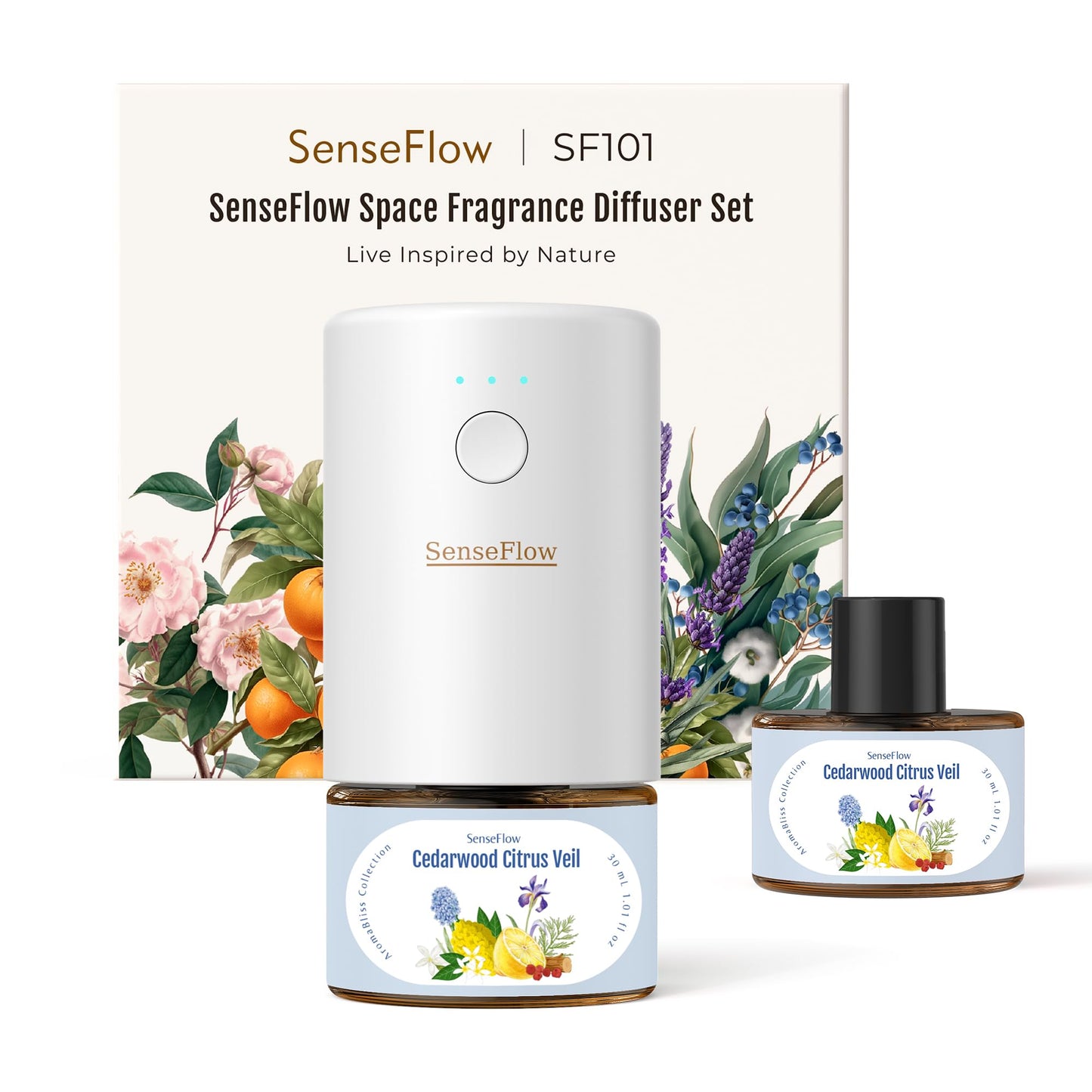 SenseFlow SF101 Waterless Essential Oil Diffuser, Aromatherapy Diffuser for Home, Plug in Air Freshener, 120-Day Natural Aroma Mist, Covers 1000 Sq Ft – Free 30ml Cedarwood Citrus Veil