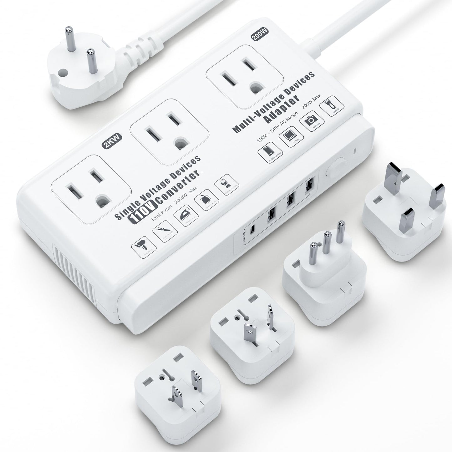 220v to 110v Voltage Converter Adapter: International US to Europe Travel Power Strip Plug Transformer - 2000W Electric Hair Dryer Step Down Outlet Converters for US European UK EU Italy