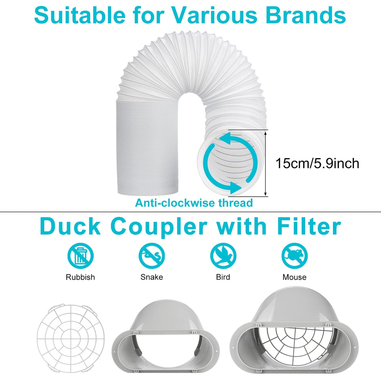 Estoder Portable AC Window Vent Kit with 5.9” Exhaust Hose & Coulper, Universal Window Seal for Portable Air Conditioner, Adjustable AC Duct Kit for Sliding Horizontal & Vertical Windows