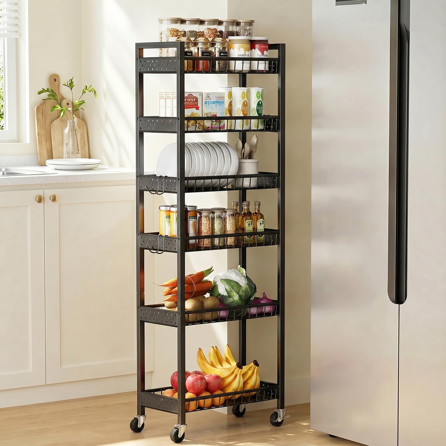 Kssiaz 6 Tier Slim Storage Cart, Narrow Rolling Cart with Wheels, Narrow Mobile Utility Shelf Unit Organizer for Kitchen, Bathroom, Laundry Room, Living Room, Small Places, 10in(W), Black