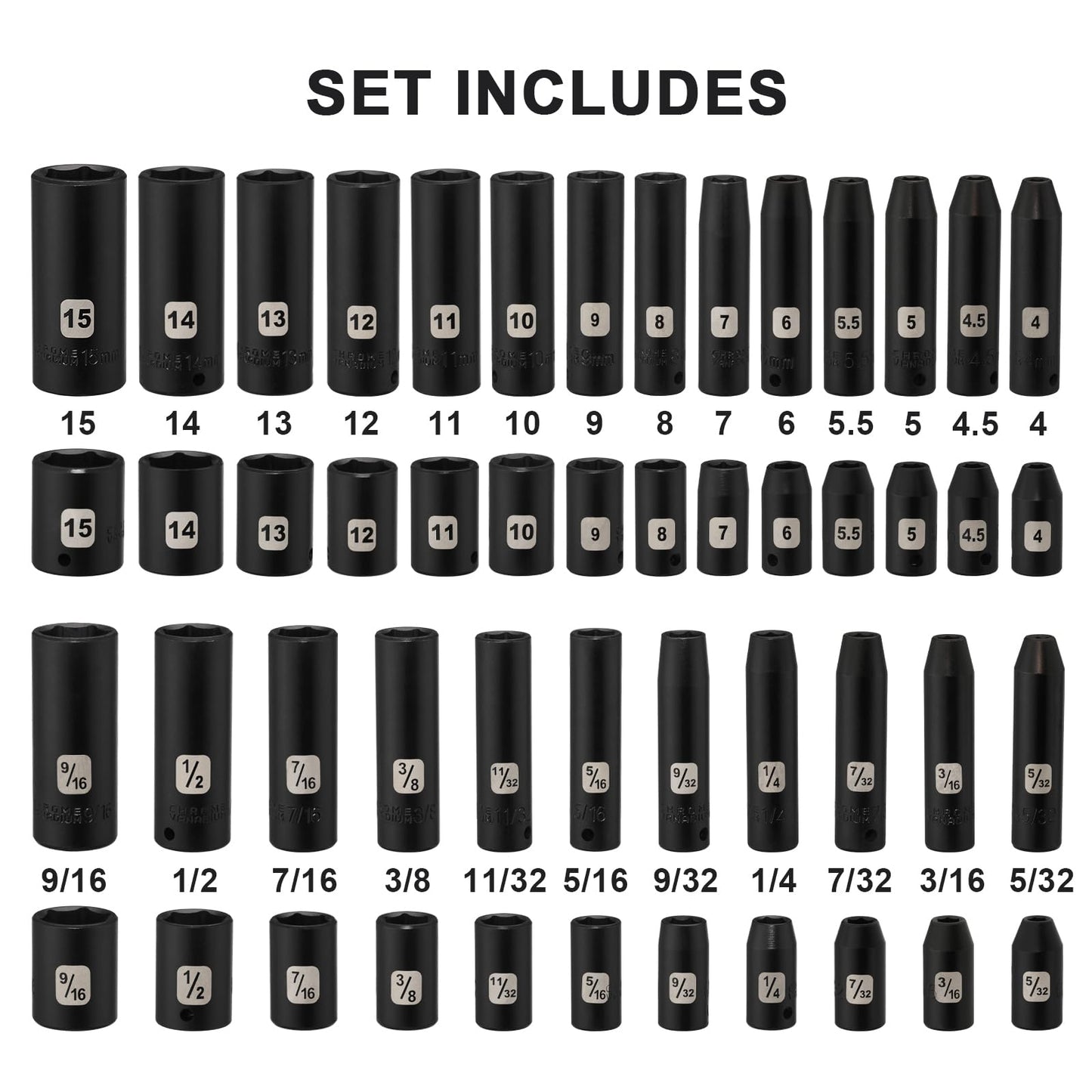 Mayouko 50PCS 1/4 Inch Drive Master Impact Socket Set,Metric/SAE,Deep/Shallow,6 Point,CR-V, 5/32 Inch - 9/16 Inch, 4mm - 15mm.