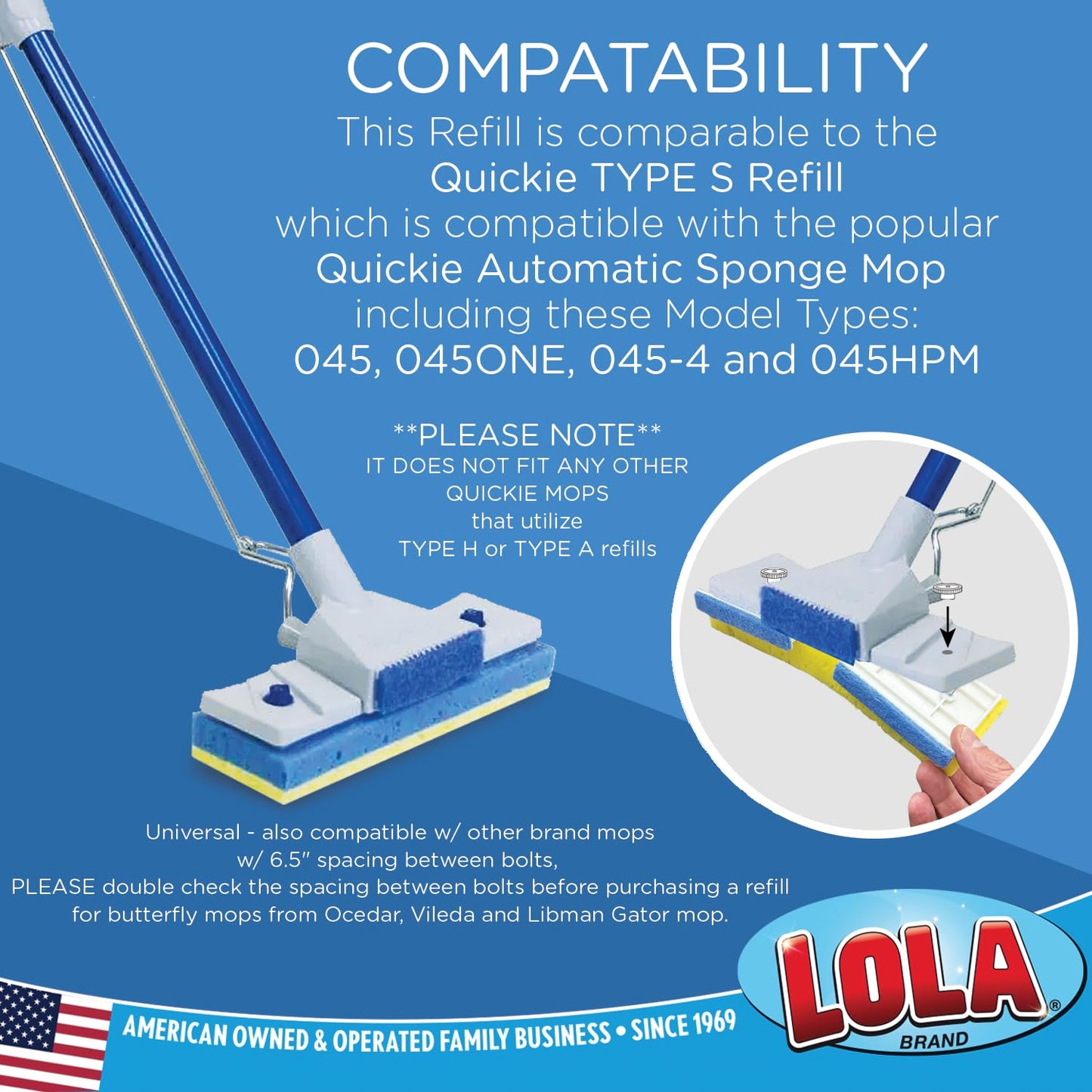 LOLA Products Squeeze Matic Easy Clean Butterfly Sponge Mop Head Refill, 9"" Wide Mop Head, Replacement Head for Floor Cleaning, Fits Most Automatic Squeeze Sponge Mops, 6 Pack, 2031-6