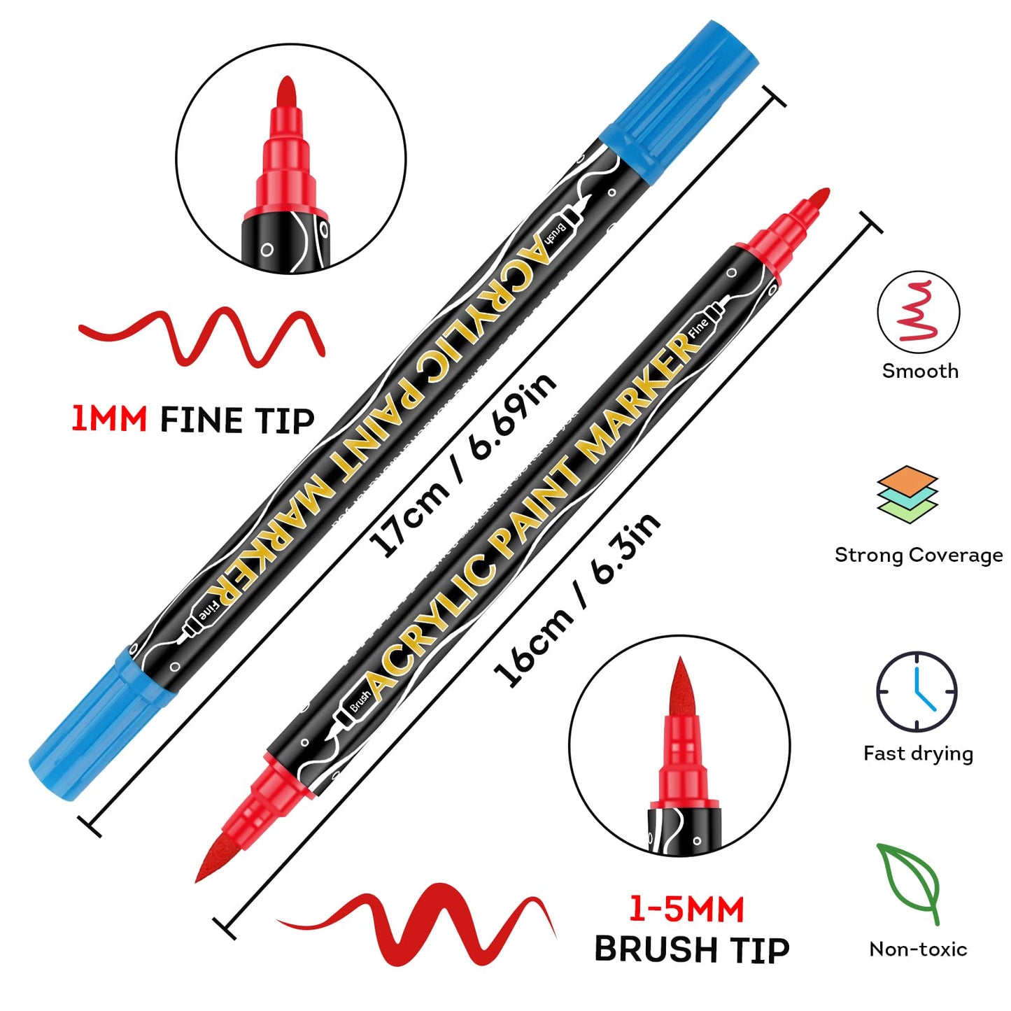 Acrylic Paint Markers,Dual Tip Acrylic Paint Pens,Brush Tip and Fine Tip Markers For Rock Painting,Plastic,Canvas And Diy Crafts Art Supplies