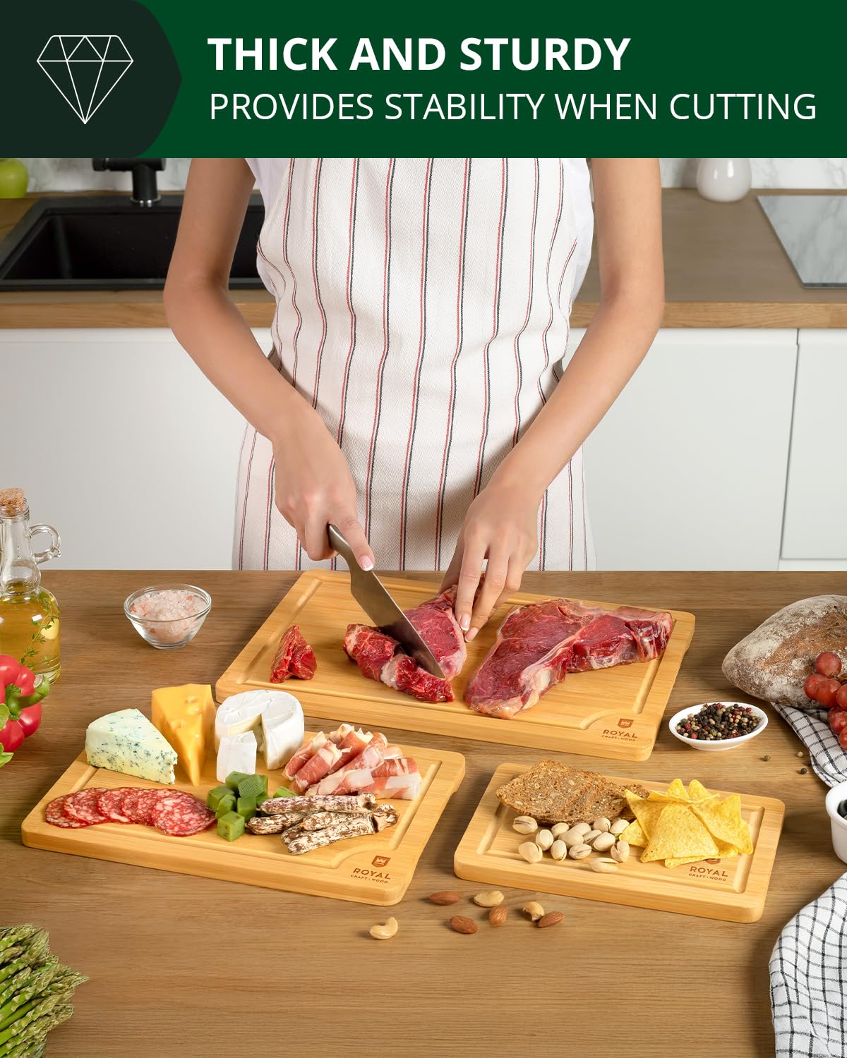 Large Wood Cutting Board Set for Kitchen - Luxury Bamboo Cutting Boards for Bread, Cheese, Fruits, Vegetables - Sturdy Chopping Boards & Butcher Block - Perfect Serving Tray and Charcuterie Boards
