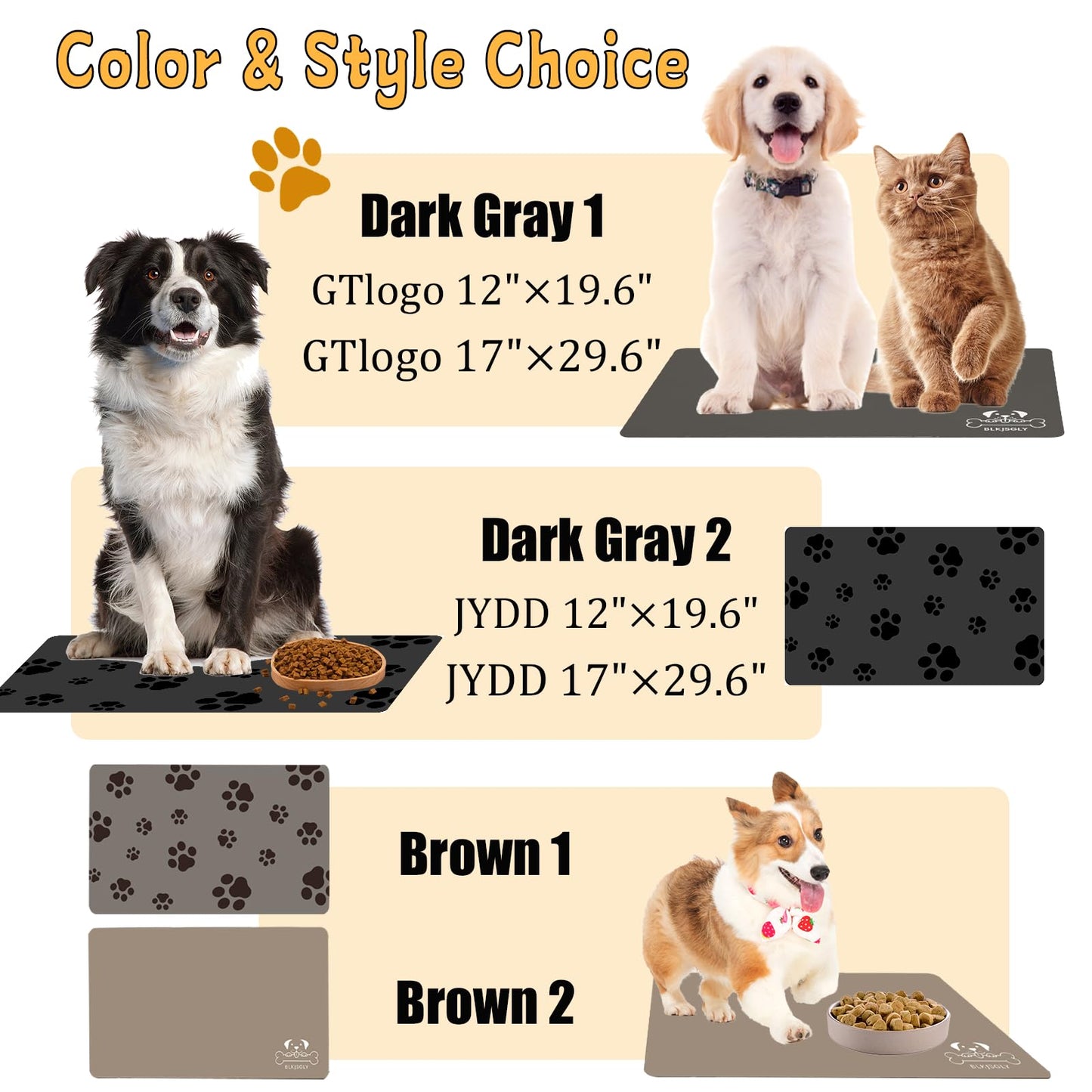 18"×30" Dog Food Mat-Absorbent Dog Mat for Food and Water, No Stains Quick Dry Cat Food Bowl Mat with Footprints for Messy Drinkers,Dark Grey