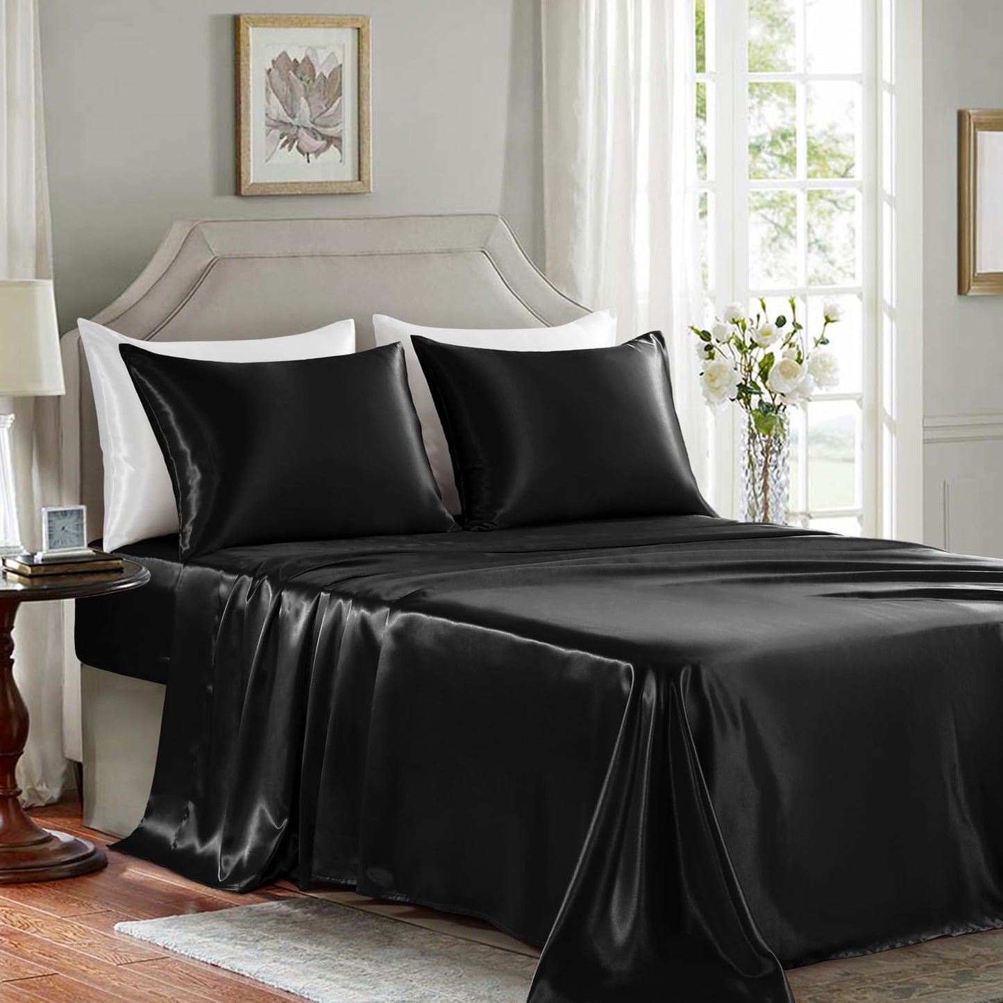 GOLAL Satin Sheets Queen Size - 4 Pieces Luxury Silky Soft Bed Sheets, Wrinkle-Free Black Satin Silk Sheet Set with 1 Deep Pocket Fitted Sheet, 1 Flat Sheet, 2 Pillow Cases