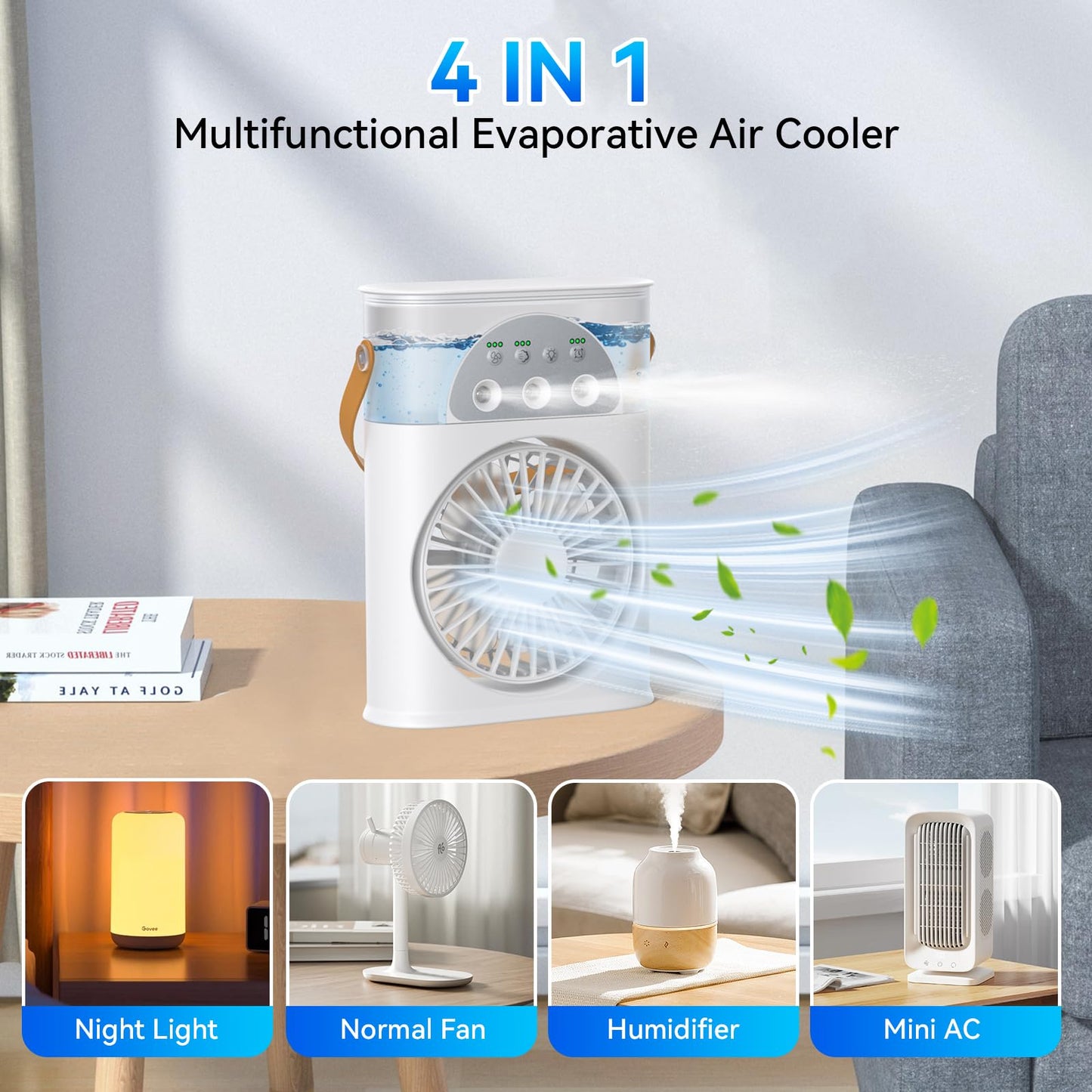 Portable Air Conditioner Cooling Fan, Rechargeable Mini Evaporative Personal Air Cooler Fan with 3 Speeds and 2 Spray, 1/2/3H Timer, 7 Night Light, for Room Bedroom, Office, Desk