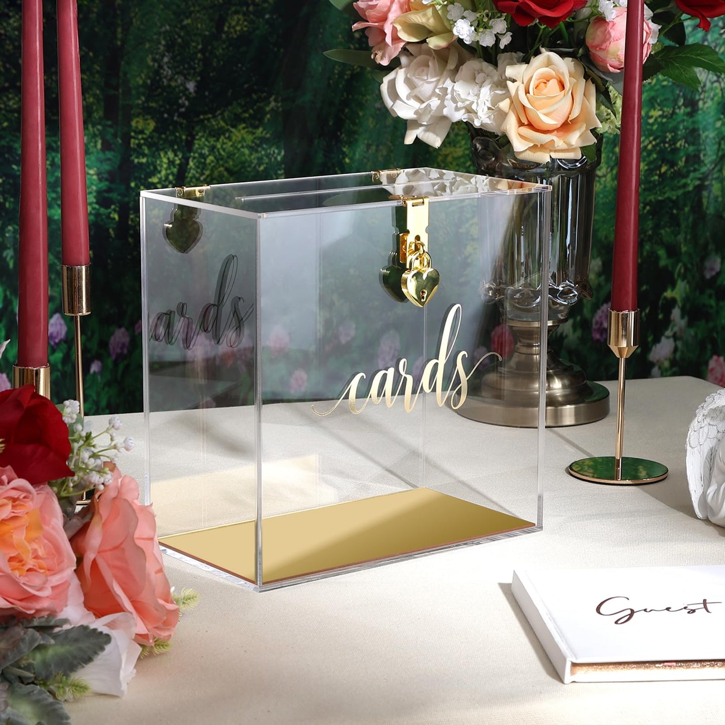 UNIQOOO Clear Acrylic Card Box w/Lock, Thick Wedding Box w/Slot Gold Foil Print, Large 10x10x5.5 in, for Reception Decoration Fundraiser Money Box Election Ballot Graduation Keepsake Party Favor