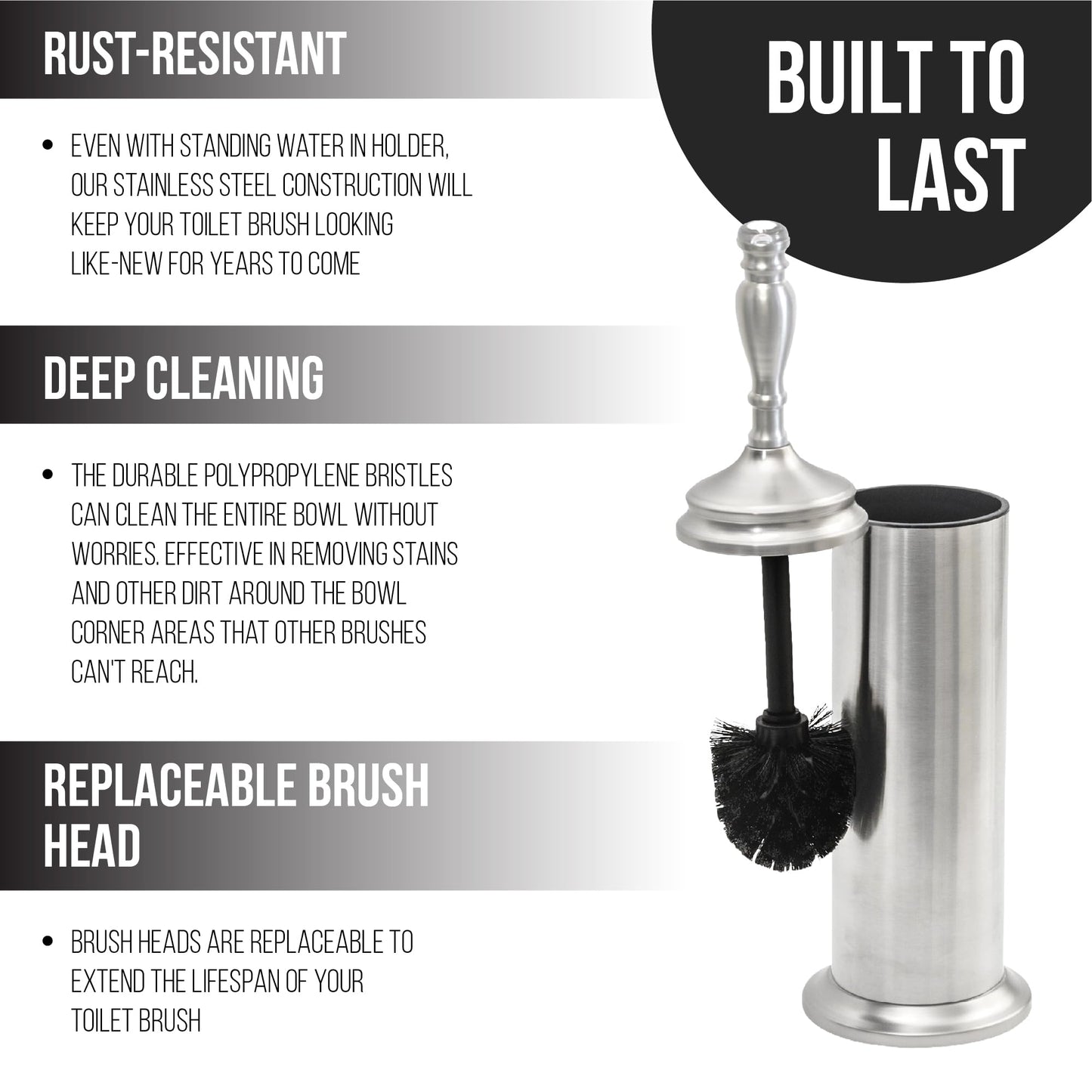 Splash Home Buena Stainless Steel Toilet Brush and Holder Set Bathroom, Hidden Toilet Bowl Brush Design with Durable Bristles for Deep Cleaning 5 x 5 x 15 inch - Chrome