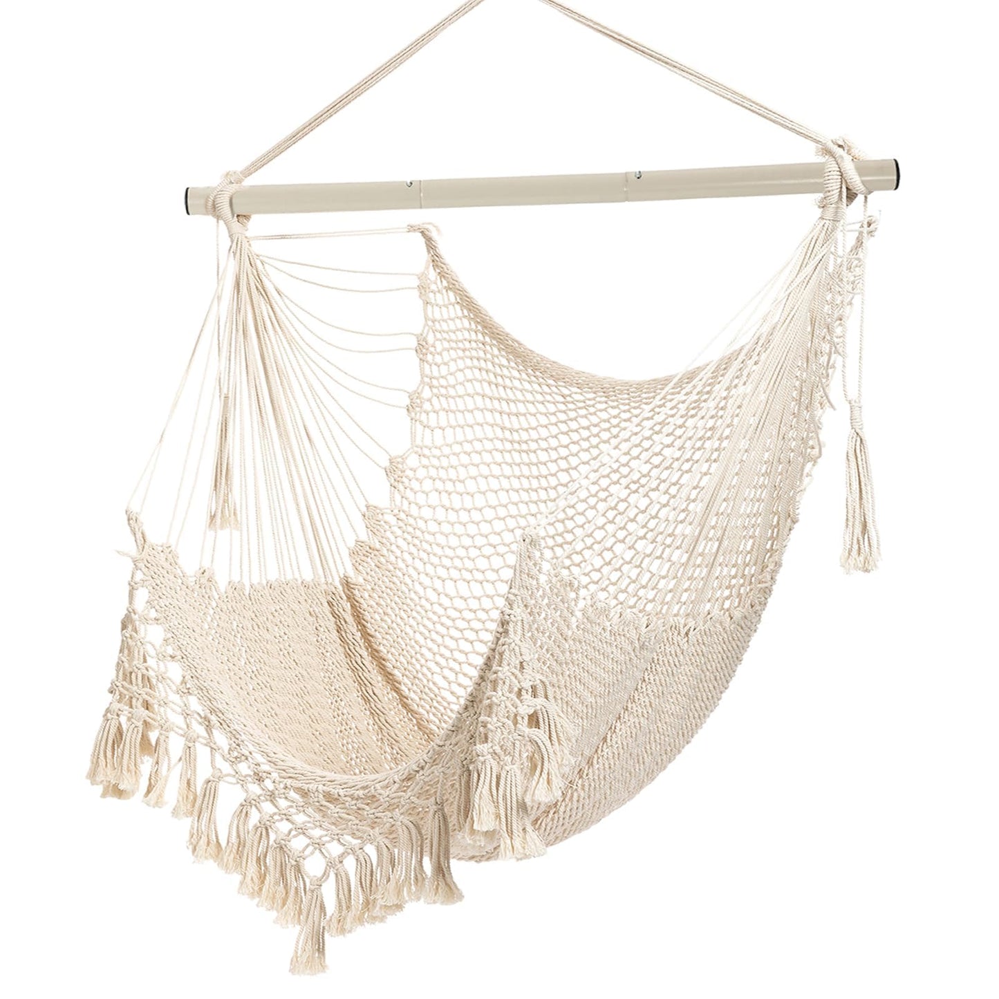Hammock Chair, Large Hanging Chair, Soft Cotton Rope Swing Chair with High Load-Bearing Metal Rod,Indoor Outdoor Garden Yard Living Room Beige