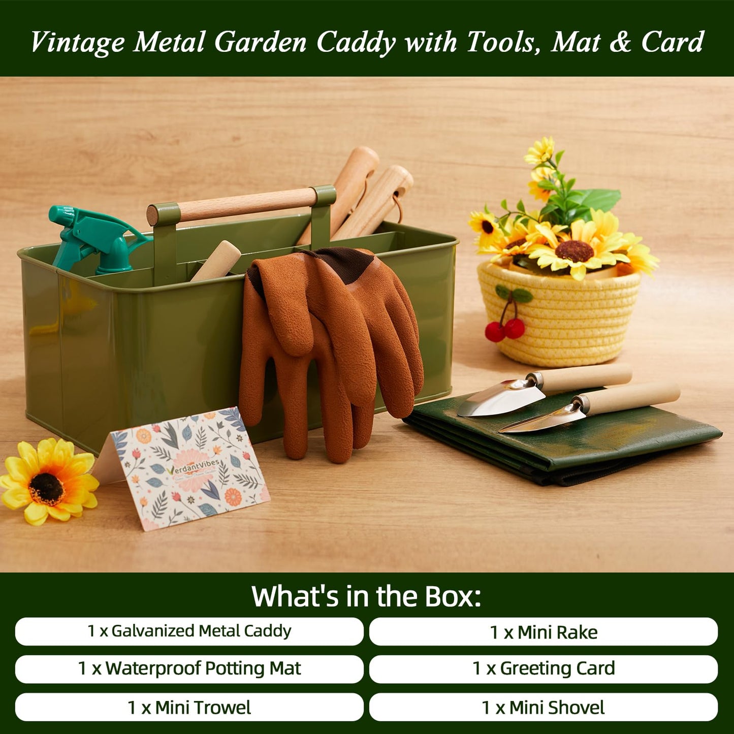 VerdantVibes Metal Garden Tool Caddy - Galvanized Organizer Basket with Wood Handle, Waterproof Repotting Mat & 3-Piece Mini Tools - Indoor Gardening Gift Set for Houseplant Lovers Women