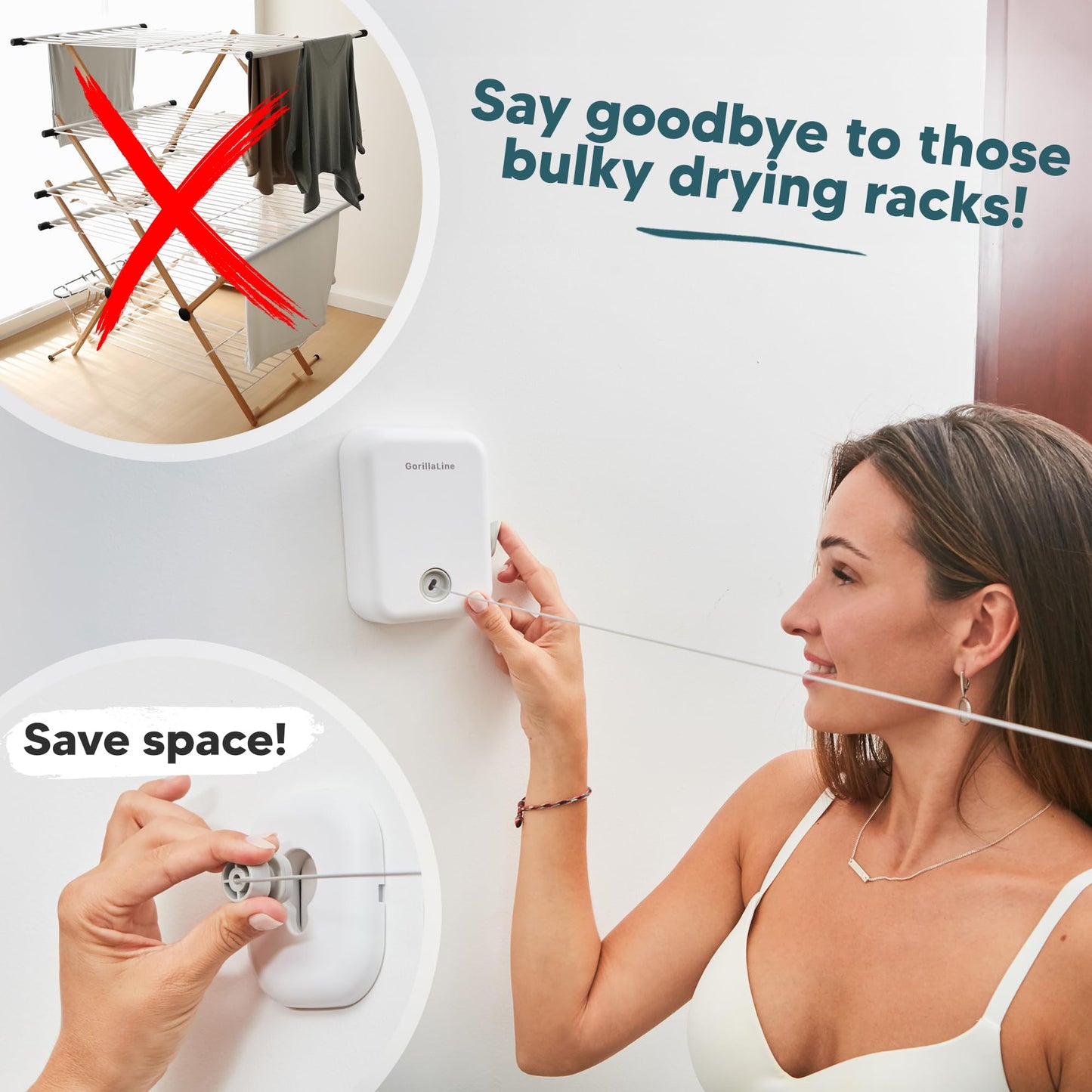 GorillaLine - Retractable Clothesline Indoor Outdoor Clothes Line - Heavy Duty Clothes Drying Laundry Line - Wall Mounted Drying Rack - Air Dry Clothing