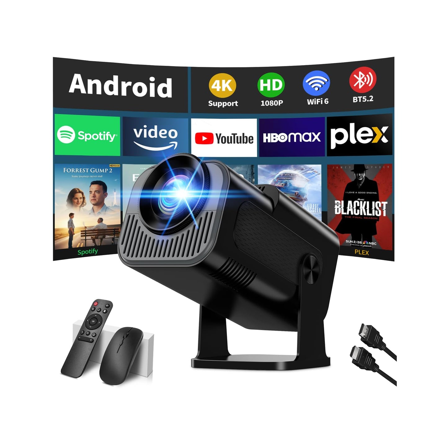 【Built-in Apps】Mini Projector 1080P Full HD, 4K Projector with 180° Rotation, Portable Projector WiFi 6&Bluetooth 5.2 Support, Featuring Auto Keystone Correction, HDMI/USB Connectivity Black