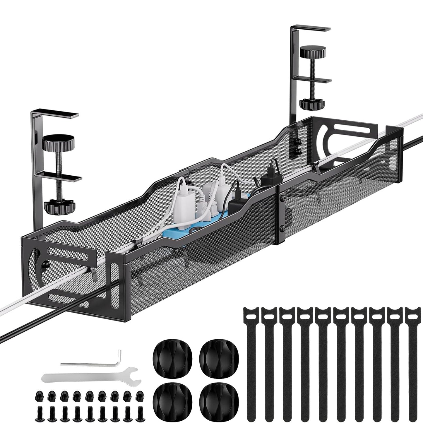 Cable Management, 64CM Cable Management Under Desk No Drill, Metal Cord Organizer with Clamp for Standing Desk, Cable Organizer for Home Office, Black