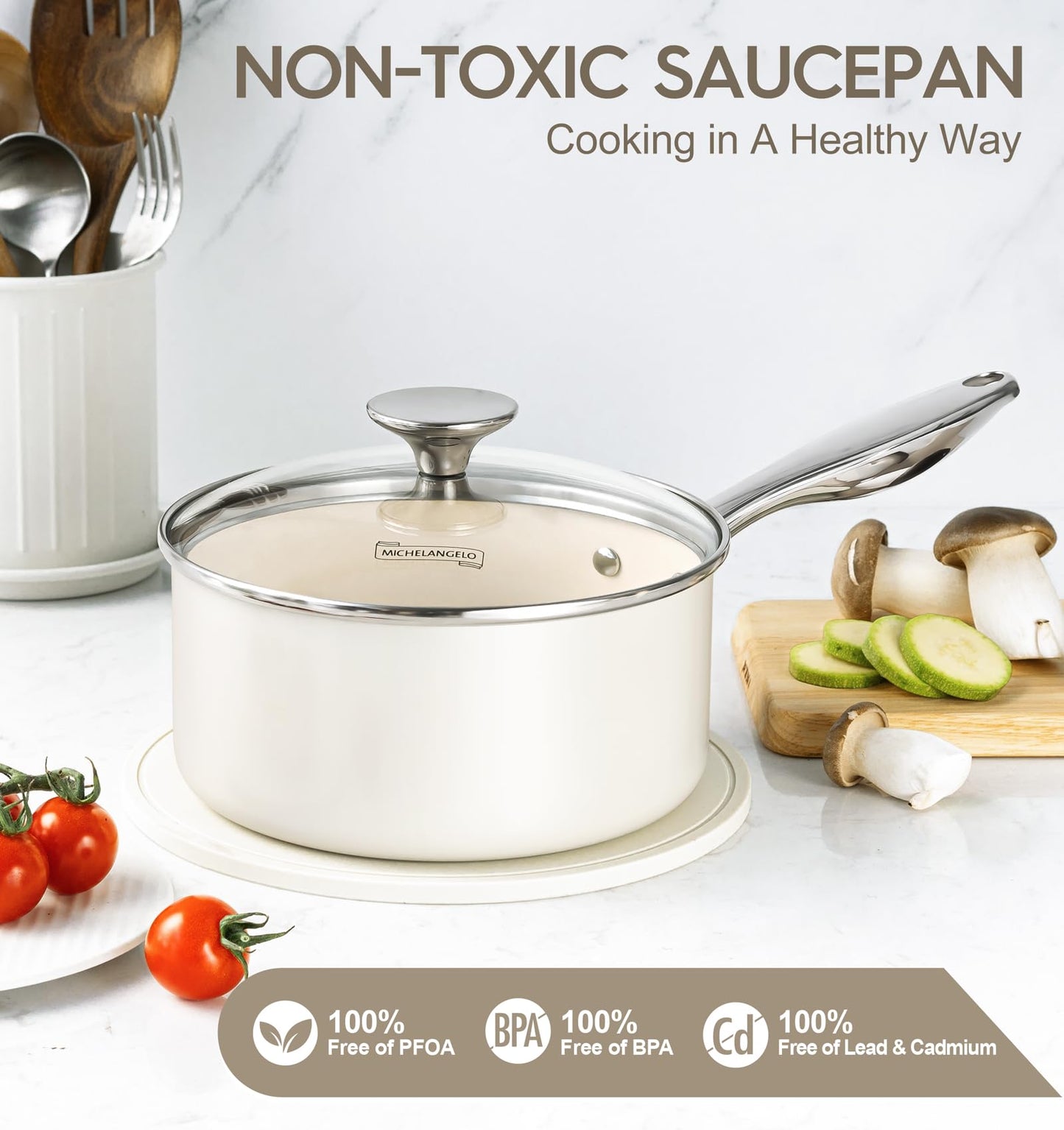MICHELANGELO Non Stick Sauce Pan Sets, Ceramic Sauce Pan with Lid, Nonstick Saucepan Set, 1Qt & 2Qt & 3 Qt Sauce Pots for Cooking, Non Toxic Sauce Pot, Induction Compatible, White