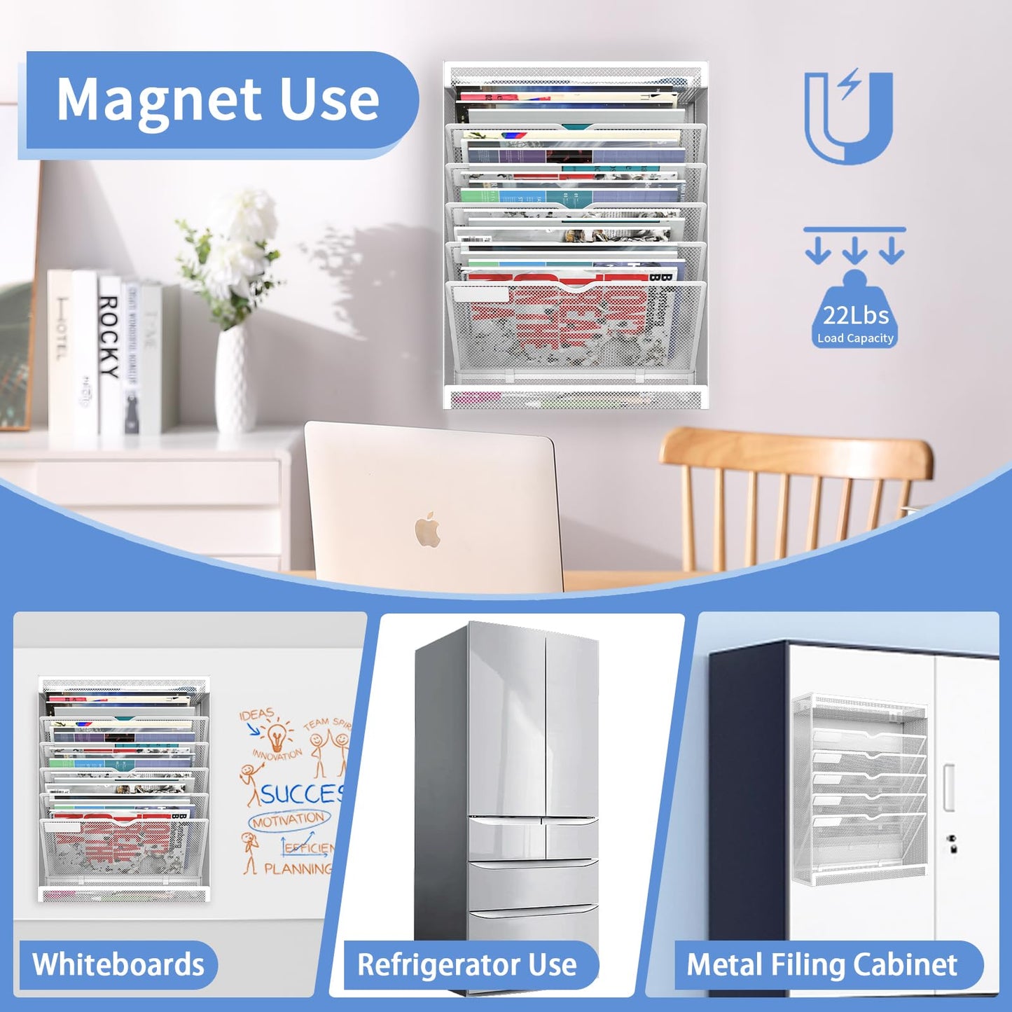 LQPAFZ 7 Tier Magnetic File Holder, No Drilling Wall File Organizer for File Cabinets Whiteboard Refrigerator,Office,Classroom, Hanging Paper Folder Holder, White