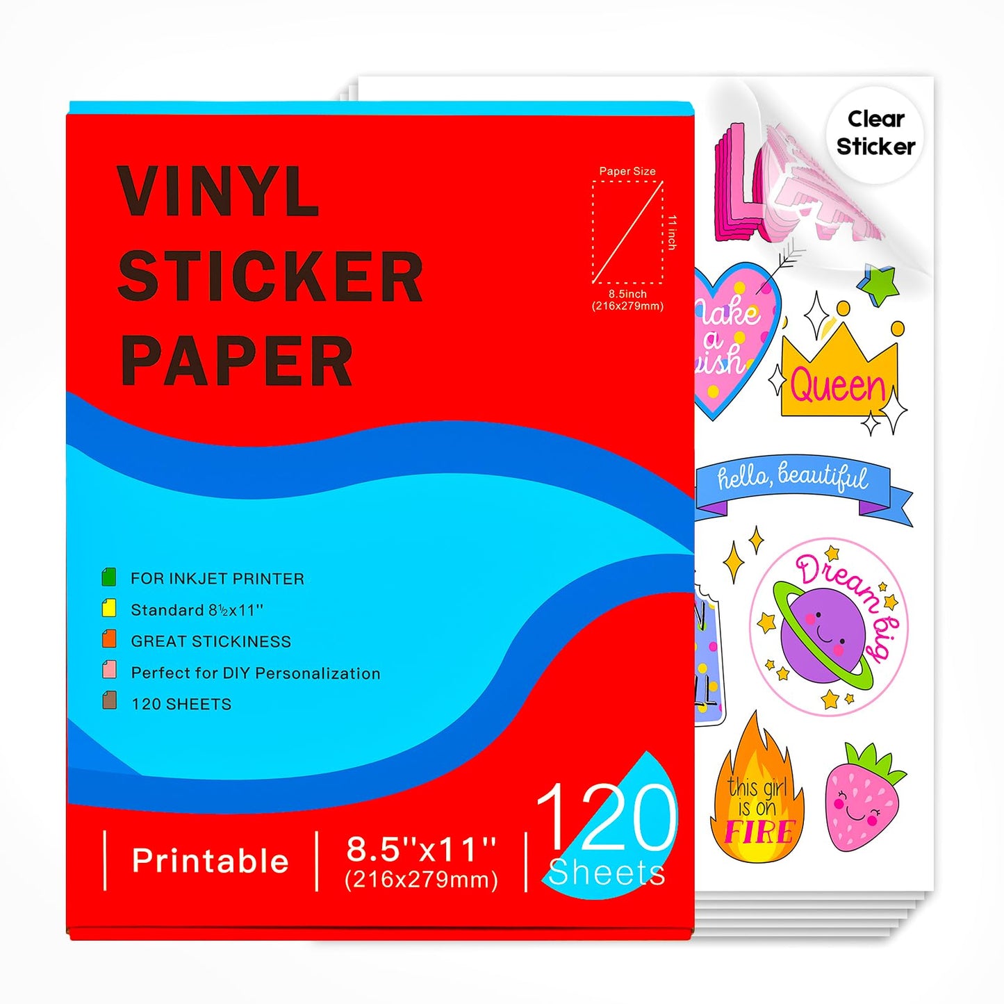 Ruibytree Printable Clear Vinyl Sticker Paper for Inkjet Printers, 120 Sheets Transparent Paper of 8.5x11 DIY Personalized Self-Adhesive Paper That is Tear Resistant, Waterproof Labels,Easy to Cut