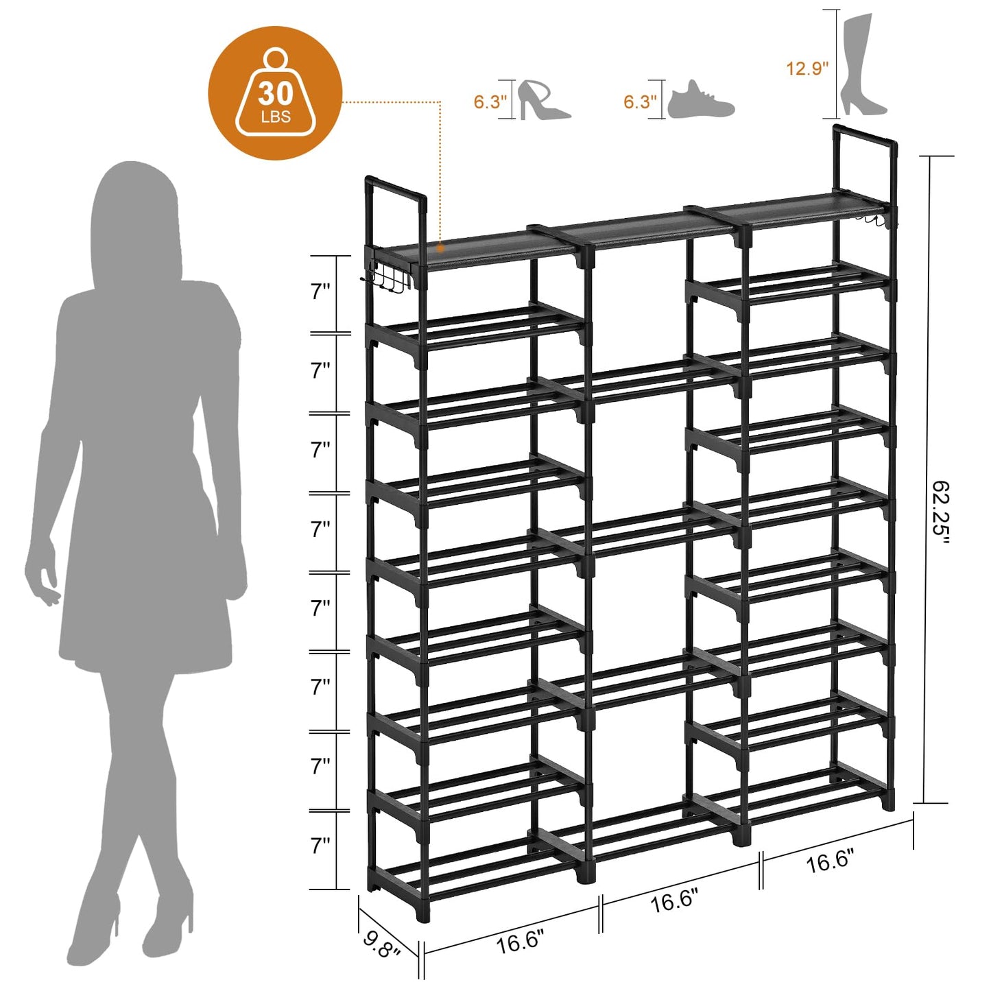 WOWLIVE 9 Tiers Large Shoe Rack Storage Organizer for Closet 50-55 Pairs Shoe Tower Unit Shelf Stackable Shoe Rack with Metal Pipes Plastic Connectors Black(SSS3B9)