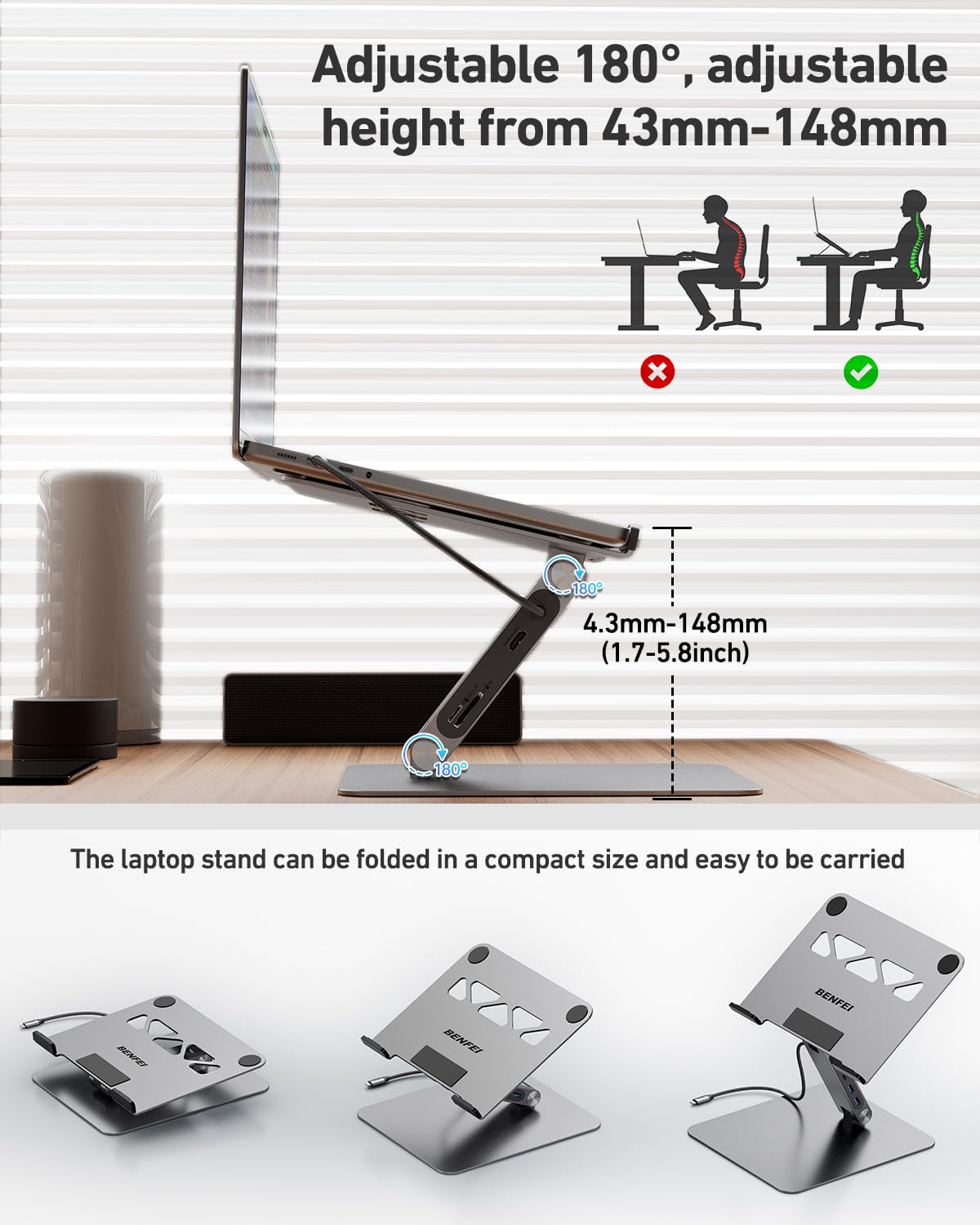 BENFEI Laptop Stand with USB C 7in1 Docking Station,HDMI 4K@60Hz,1*SD 1*Micro SD,100W Power Delivery,10Gbps 1*USB C 3.2 and 2*USB A 3.2 Compatible with MacBook Pro/Air, iPad Pro, XPS, Thinkpad