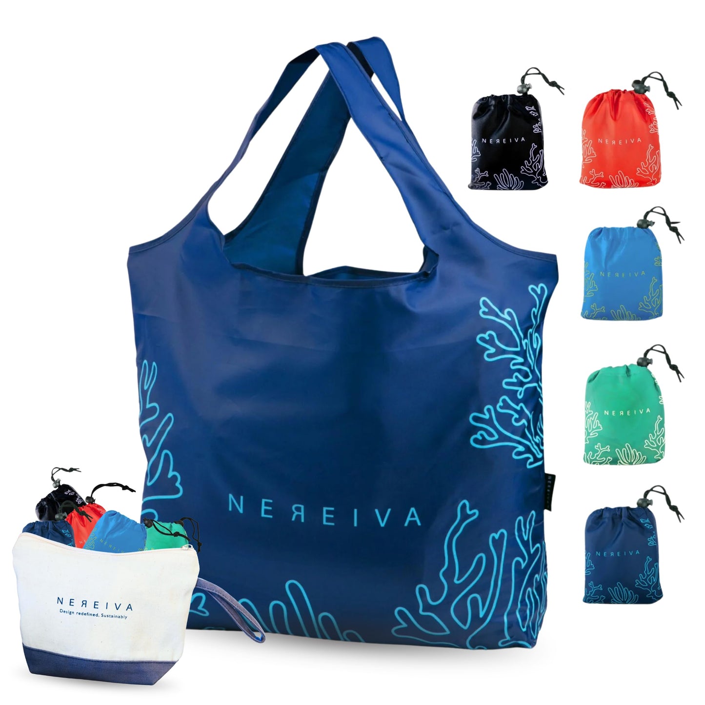 Nereiva 5 Pack Foldable Grocery Bags into Tiny Pouch - Large Capacity Multi-Color, Great for Travel, Durable, Washable Packable Shopping Bag, Comes with a carry pouch, Lightweight