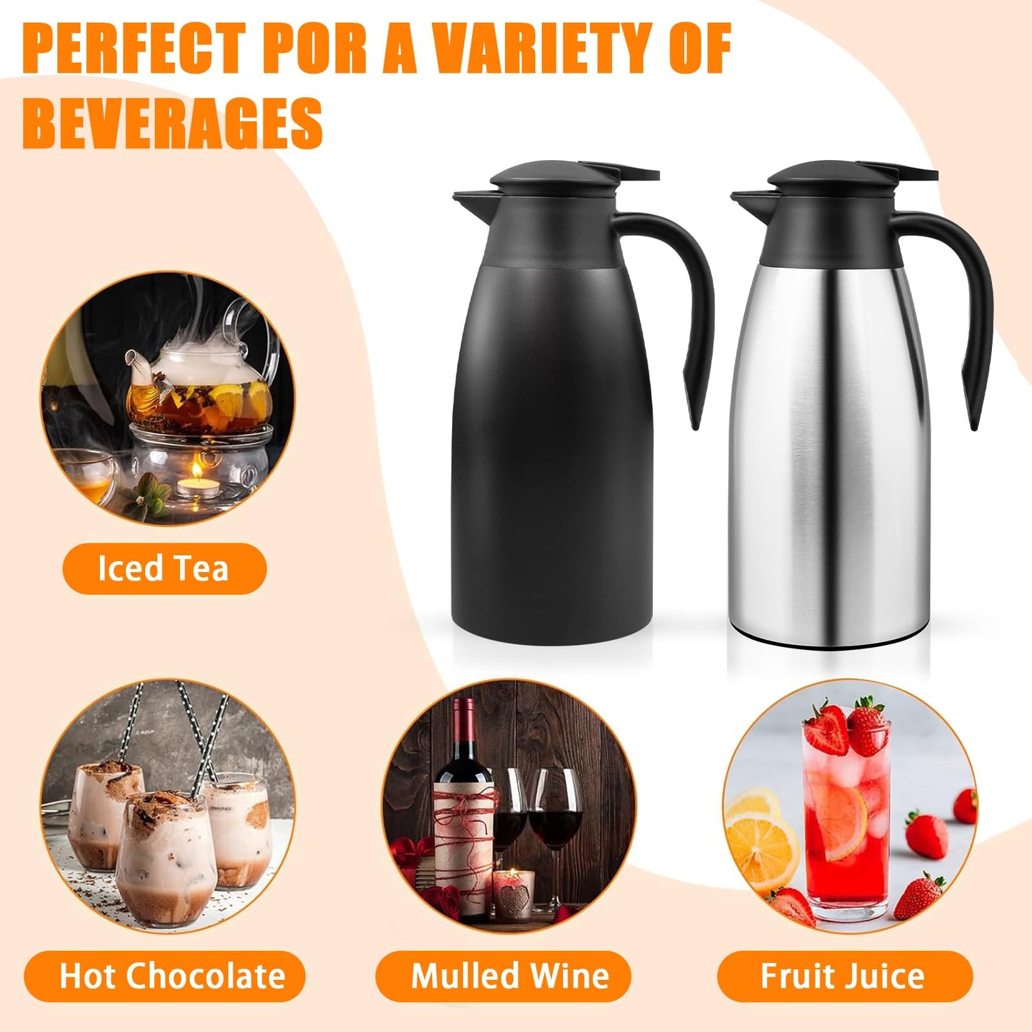 2 Pcs 68 oz Thermal Coffee Carafe Insulated Stainless Steel Coffee Carafe for Hot Liquids Vacuum Thermal Pot Creamer Carafe Dispenser with Brushes Keeping Hot 12 Hours (Silver, Black)