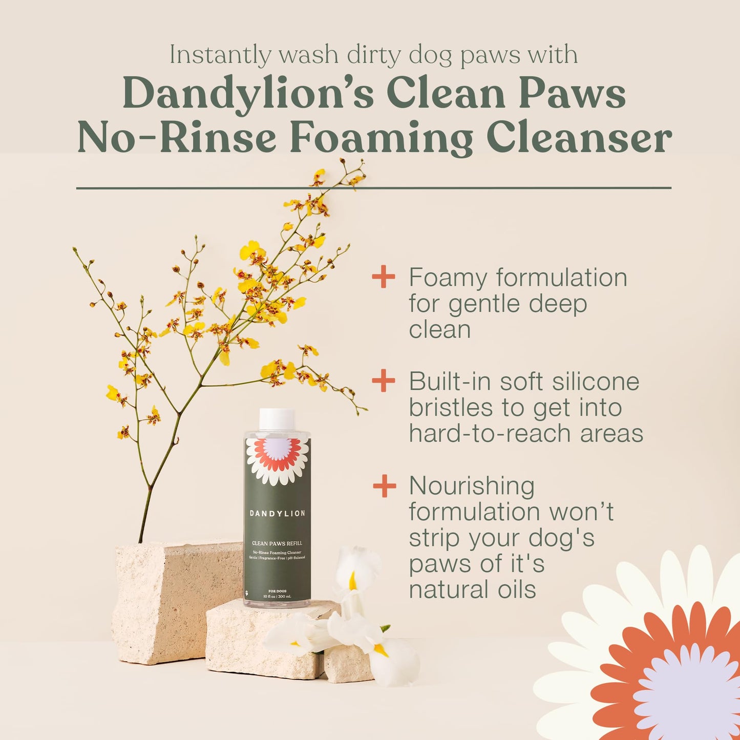 Dandylion Clean Paws Refill | Dog Paw Cleaner & Washer for Muddy Paws | No-Rinse Foaming Cleanser | Gentle, Fragrance-Free, pH Balanced & Safe for Small & Large Dogs | Refill Bottle | 10 fl oz
