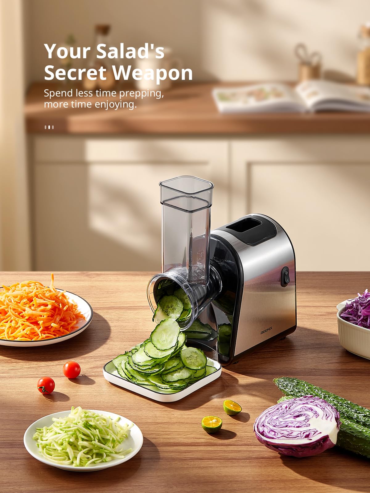 Reemix Electric Cheese Grater, Electric Food Grater with 6 Interchangeable Blades – Slicing, Shredding & Zesting | Stainless Steel Blades, Fast, Effortless Meal Prep for Home Cooks
