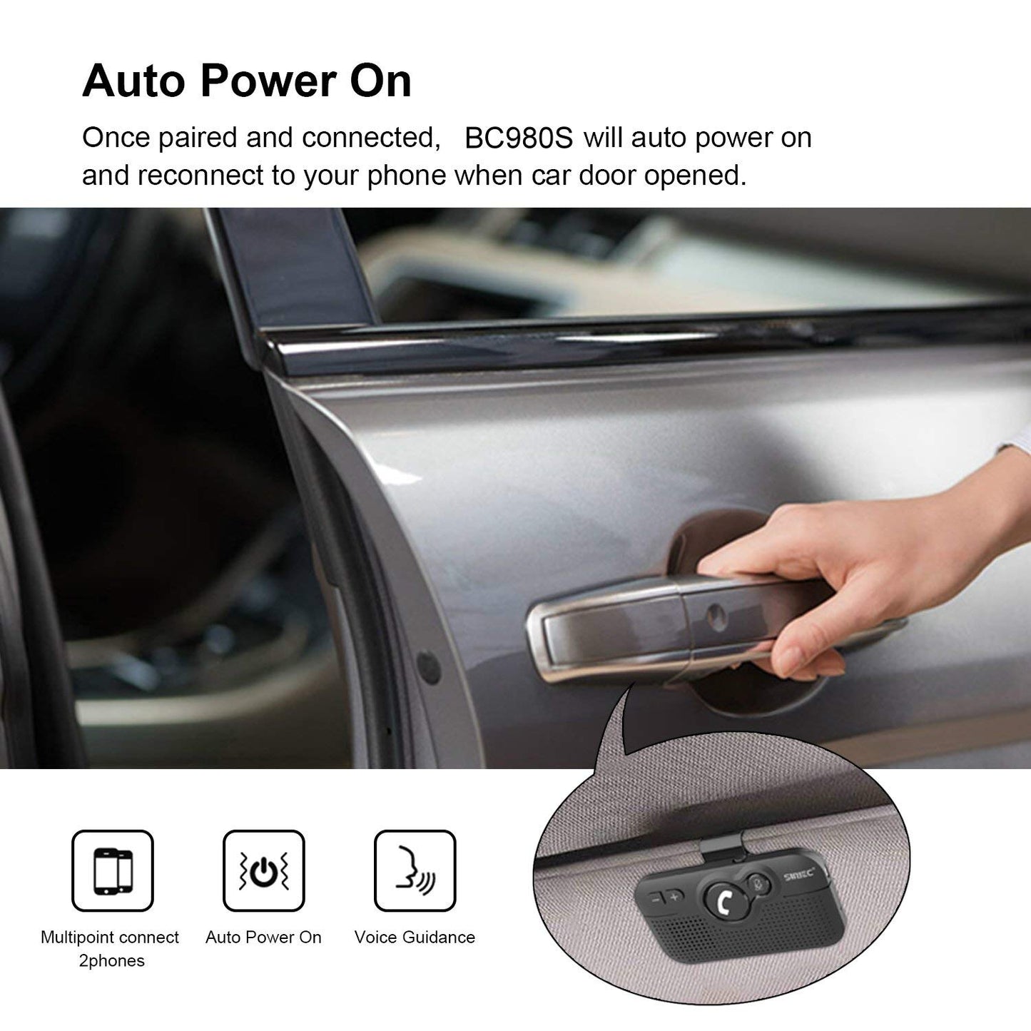 SUNITEC Hands Free Bluetooth for Cell Phone Car Kit, AUTO Power ON Bluetooth Phone Speaker for Car, Support Siri Voice Assistant Wireless in-Car Speakerphone with Visor Clip - BC980SA