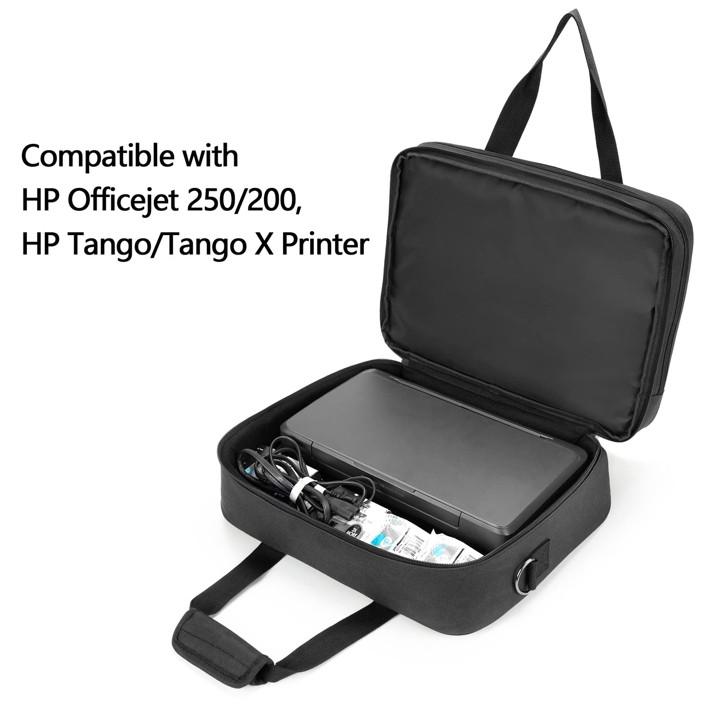SAMDEW Double-Layer Portable Mobile Printer Storage Bag Compatible with HP Tango/Tango X, HP Officejet 250/200, Printer Carrying Case with Laptop Layer up to 15.6", Shoulder & Trolley Strap, Bag Only