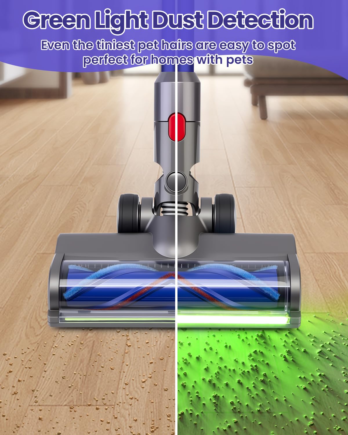 LED Dust Detection Brush Head Compatible with Dyson V7 V8 V10 V11 V15 Vacuum, Green Light Floor Head Replacement with 20W Motor for Hard Floors & Low-Pile Carpet, Pet Hair & Hidden Debris