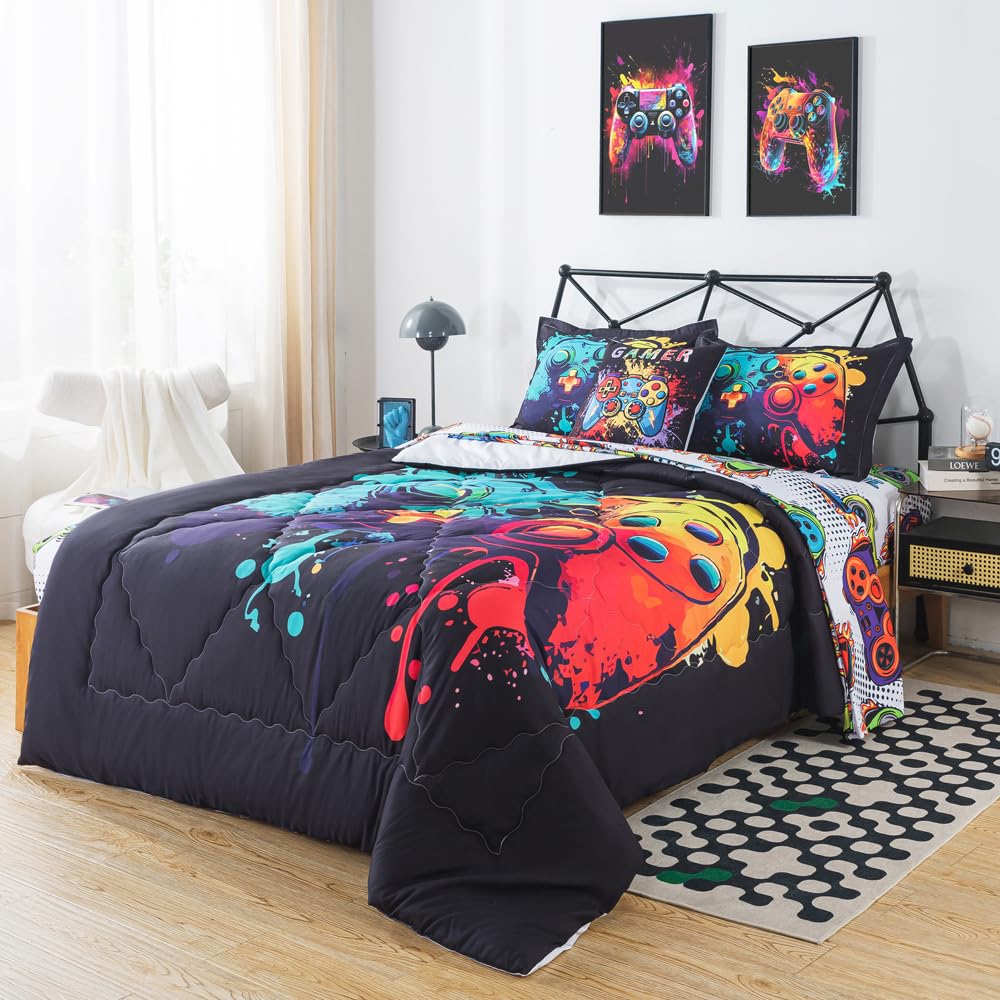 ADASMILE A & S 6 Pieces Gamer Comforter Sets for Boys Full Size Gaming Bedding Set Kids Teens Bed in A Bag Gamer Bed Set with Gamepad Sheets Soft Microfiber Controller Printed Home Decor