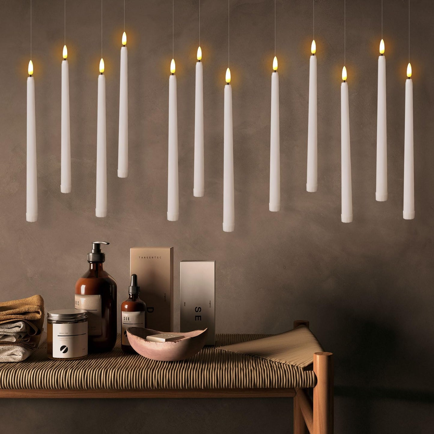 IMAGE Taper Candles, 12 Pcs Battery Operated 3D Wick Ivory Taper Flameless Candles with 10 Keys Remote and Timer, Flickering Flameless with 100M Fishing Line Warm White