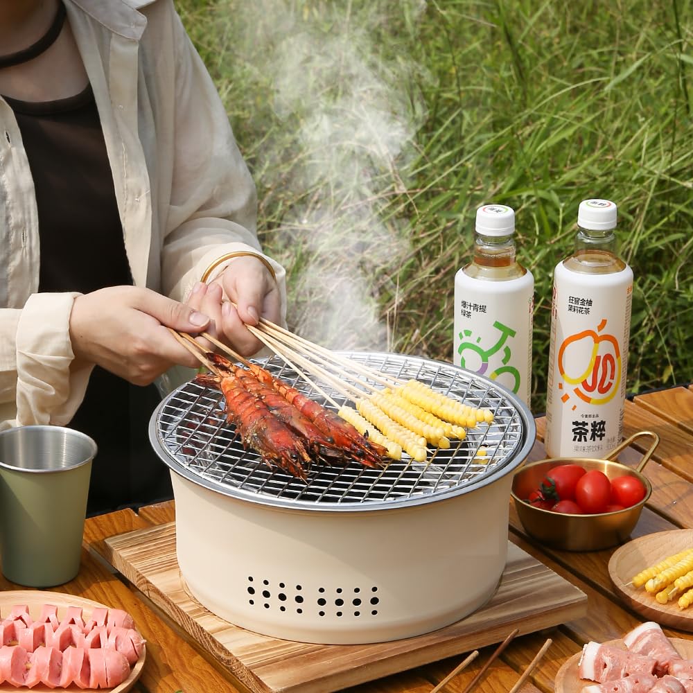 SANQIAHOME Stainless Steel Charcoal Portable Barbecue Grill, 10.5 Inches Non-Stick,Round,Barbecue or Hot Pot, Boiling Water,Charcoal Stove for Home Party Outdoor Camping