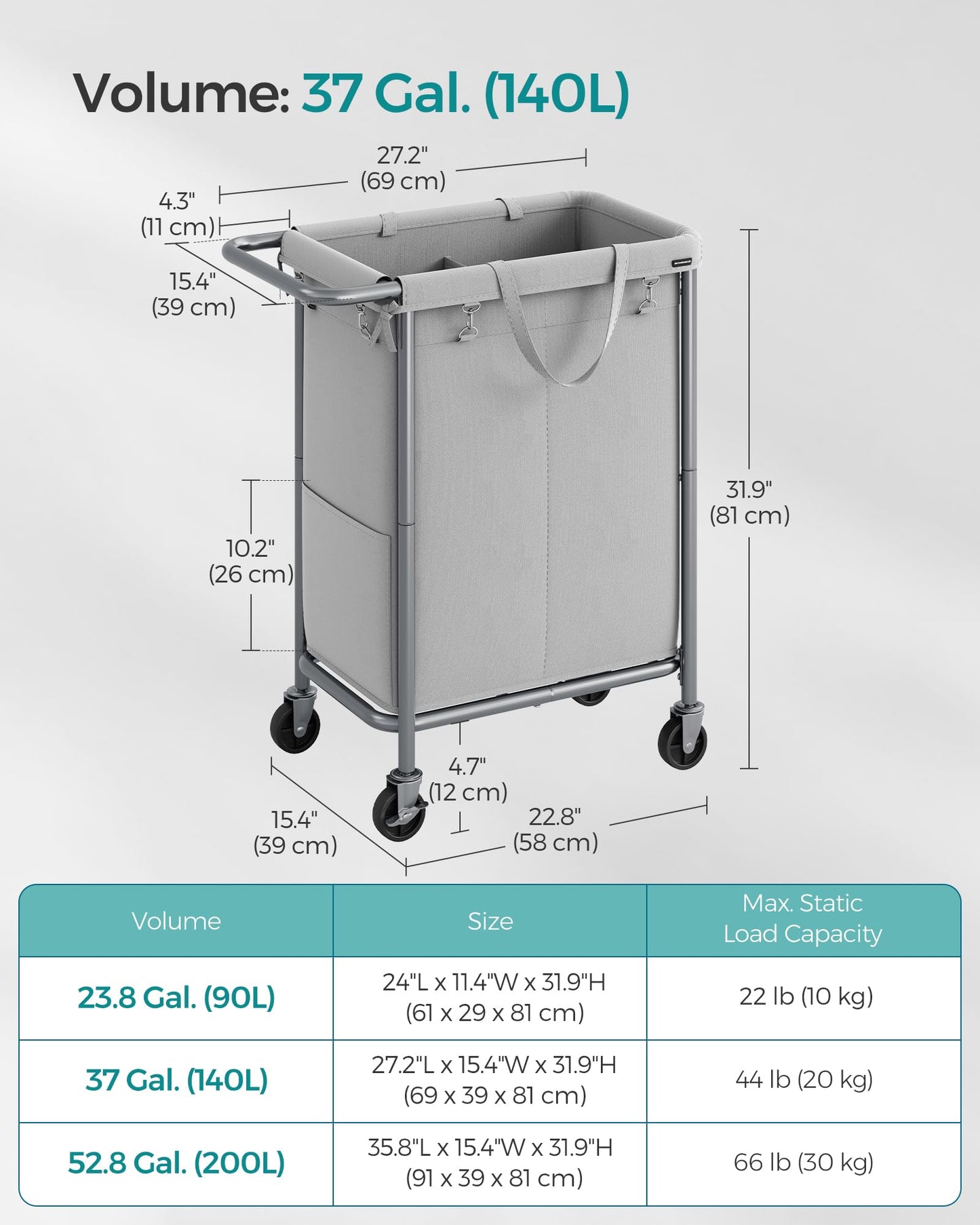 SONGMICS Laundry Basket with Wheels, 2-Section Rolling Laundry Hamper, 37 Gallons (140 L), Removable Liner, Steel Frame with Handle, 69 x 39 x 81 cm, Dove Gray URLS004G01