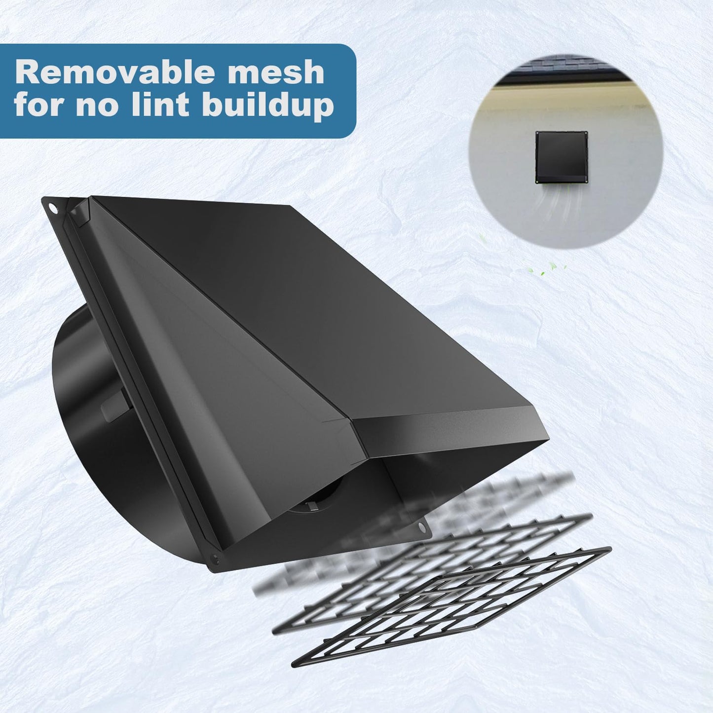 Hon&Guan Dryer Vent Cover Outside with Removable Mesh, 4 Inch Wall Mount Extractor Vent with Rubber Cushioned Non-Return Flap, Metal Outside Dryer Vent Cover for House, Black