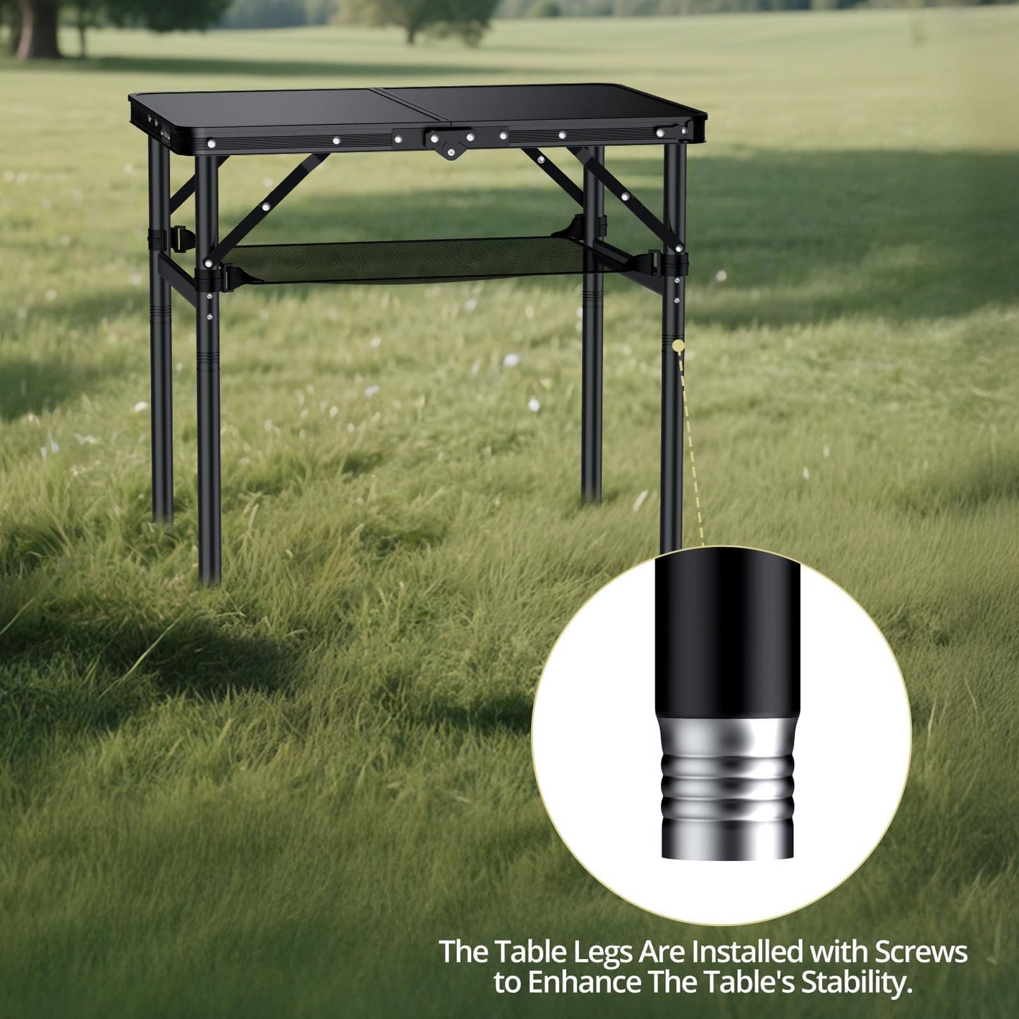Anbte 2ft Small Folding Table Max 29.5" with Storage Net, 3 Adjustable Height Sturdy Aluminum Camping Table with Portable Handle, Lightweight, for Travel Outdoor Beach Picnic, 23.2" x 16", Pure Black