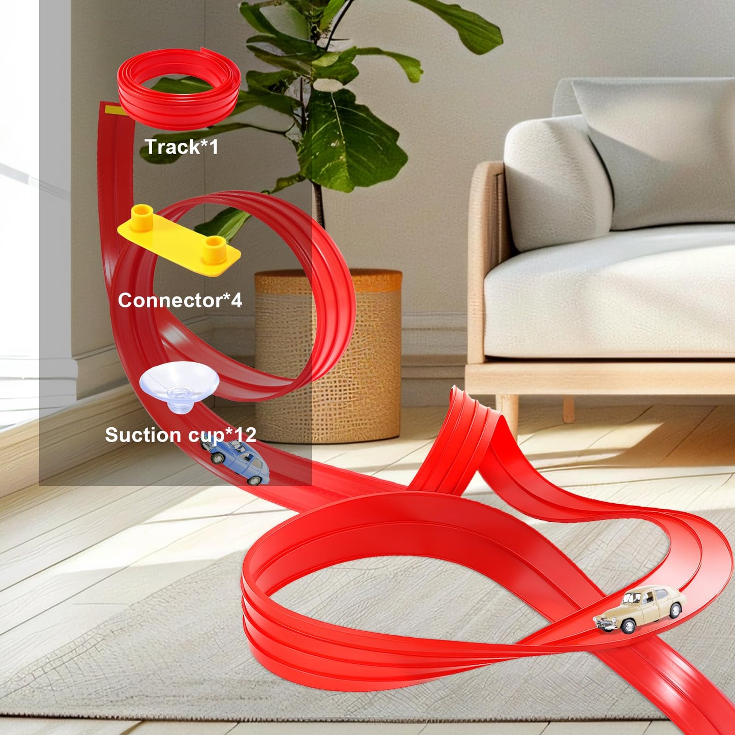Roll Up Race Track for Kids, Flexible Long Race Speed Track Ramp with 12 Suction Cups Portable Flex Roll Up Racetrack Kit Suitable for Indoor Outdoor Playing