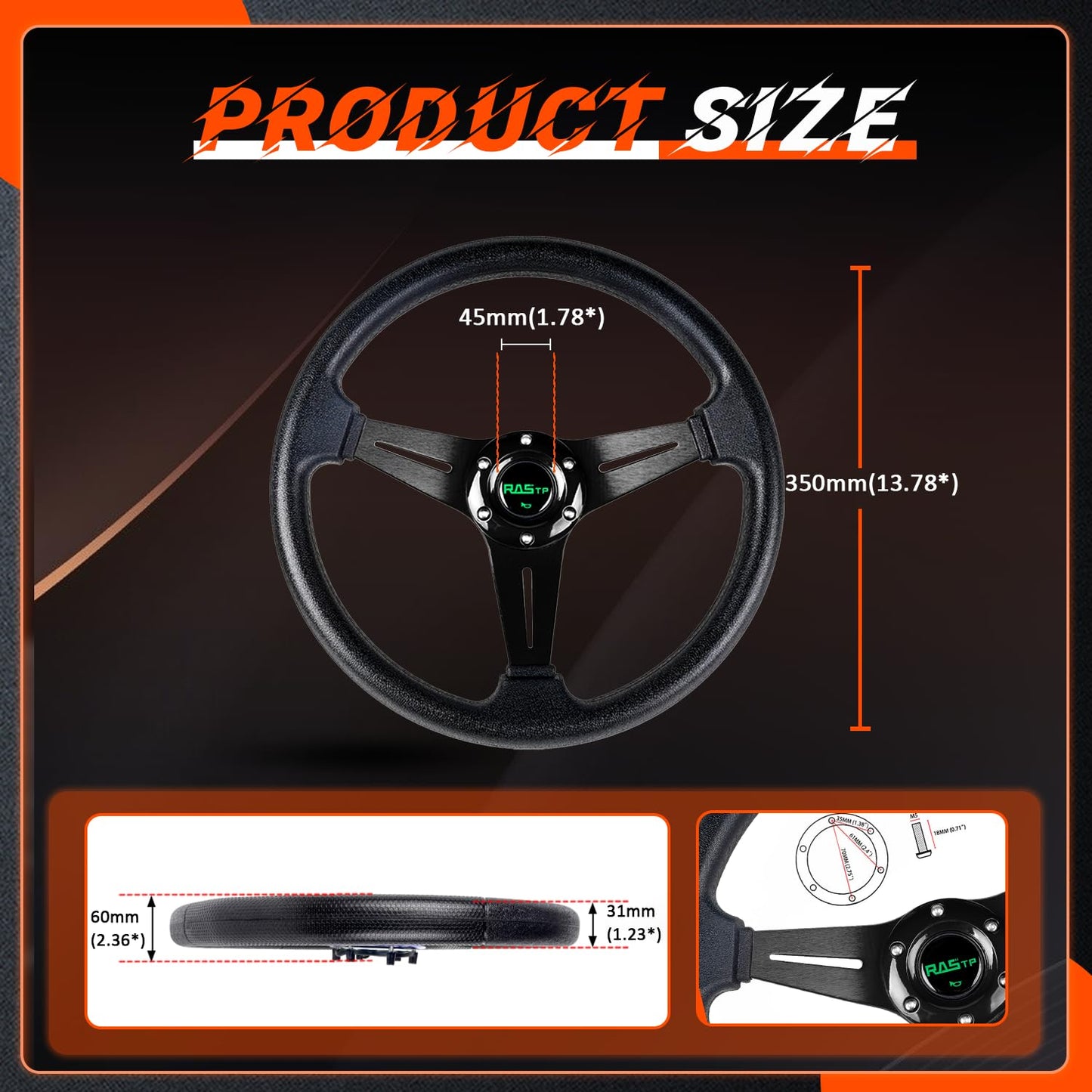 RASTP Universal Racing Steering Wheel 13.8”/350mm 6 Bolts Grip Vinyl Leather & Aluminum with Horn Button for Car -Black