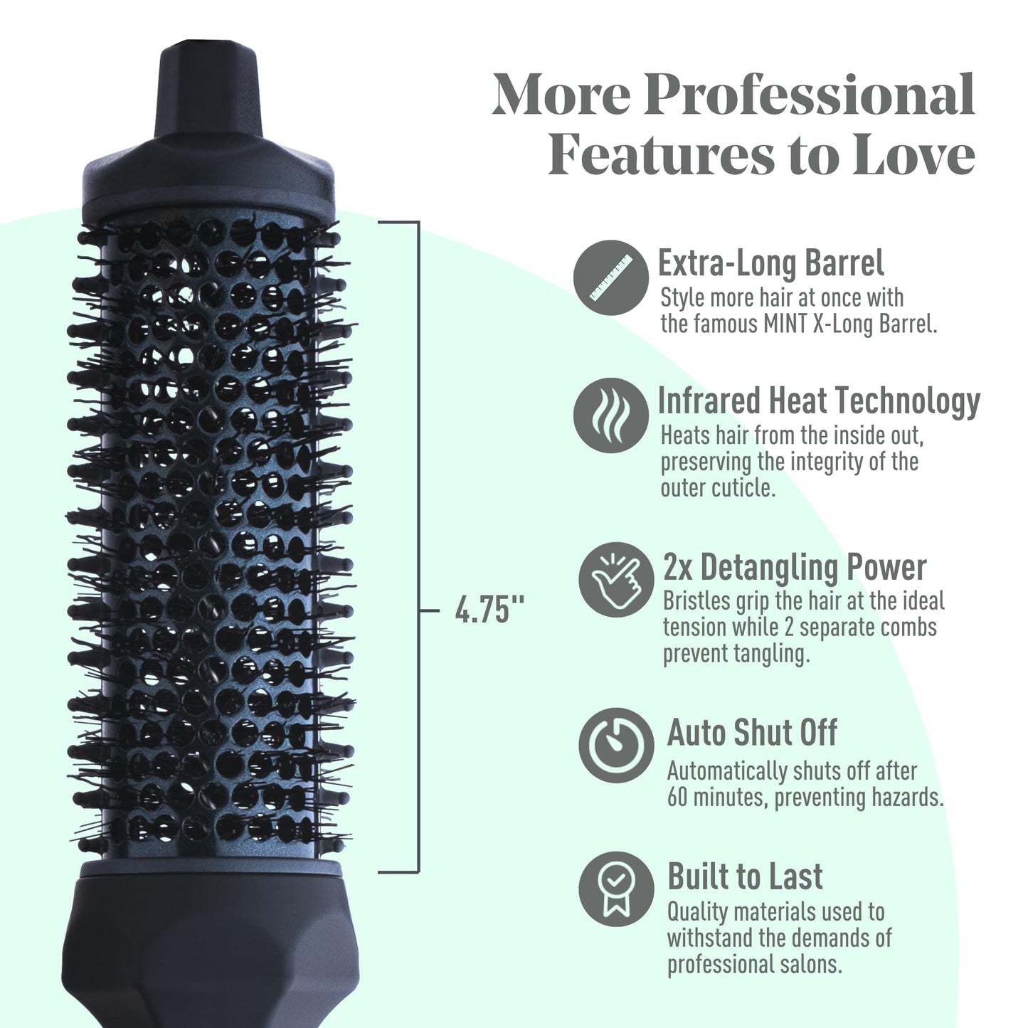 MINT Extra-Long 1.6 Inch Thermal Brush for Natural Volume & Waves | 230-430°F 2-Heater Ceramic Curling Iron Brush | Heated Round Brush Styler