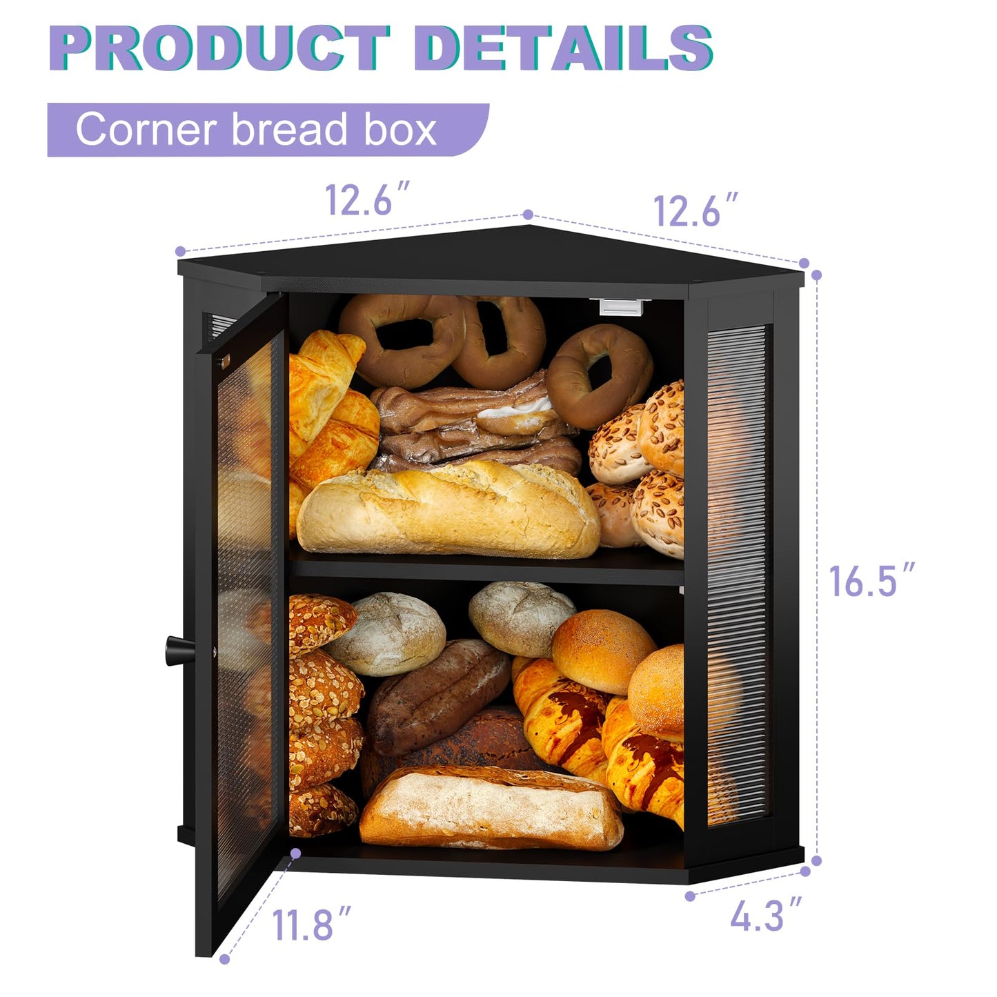 Wieghda Corner Bread box for Kitchen Countertop,Farmhouse Bread Box with Acrylic Wavy Door Panel,Large Bread box for kitchen countertop,Kitchen Countertop Food Storage Container (Black, Large)